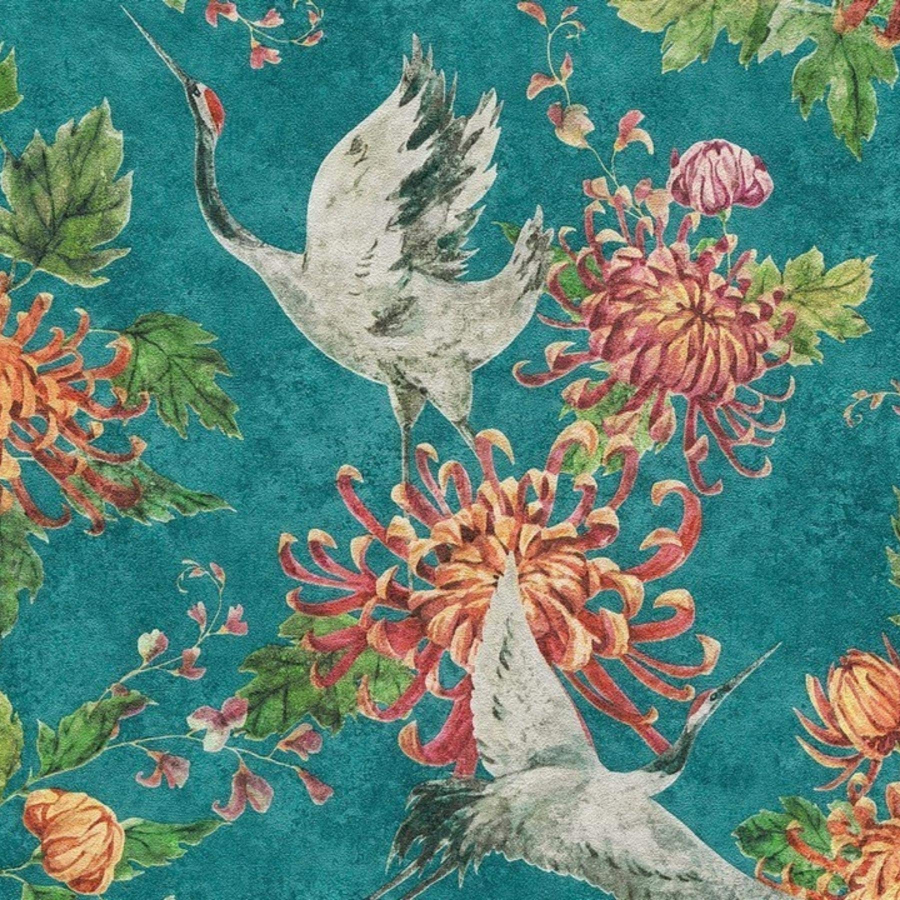 Yöl Blue,Green Asian Fusion Crane Bird Wallpaper Emerald Green Textured Vinyl Paste The Wall