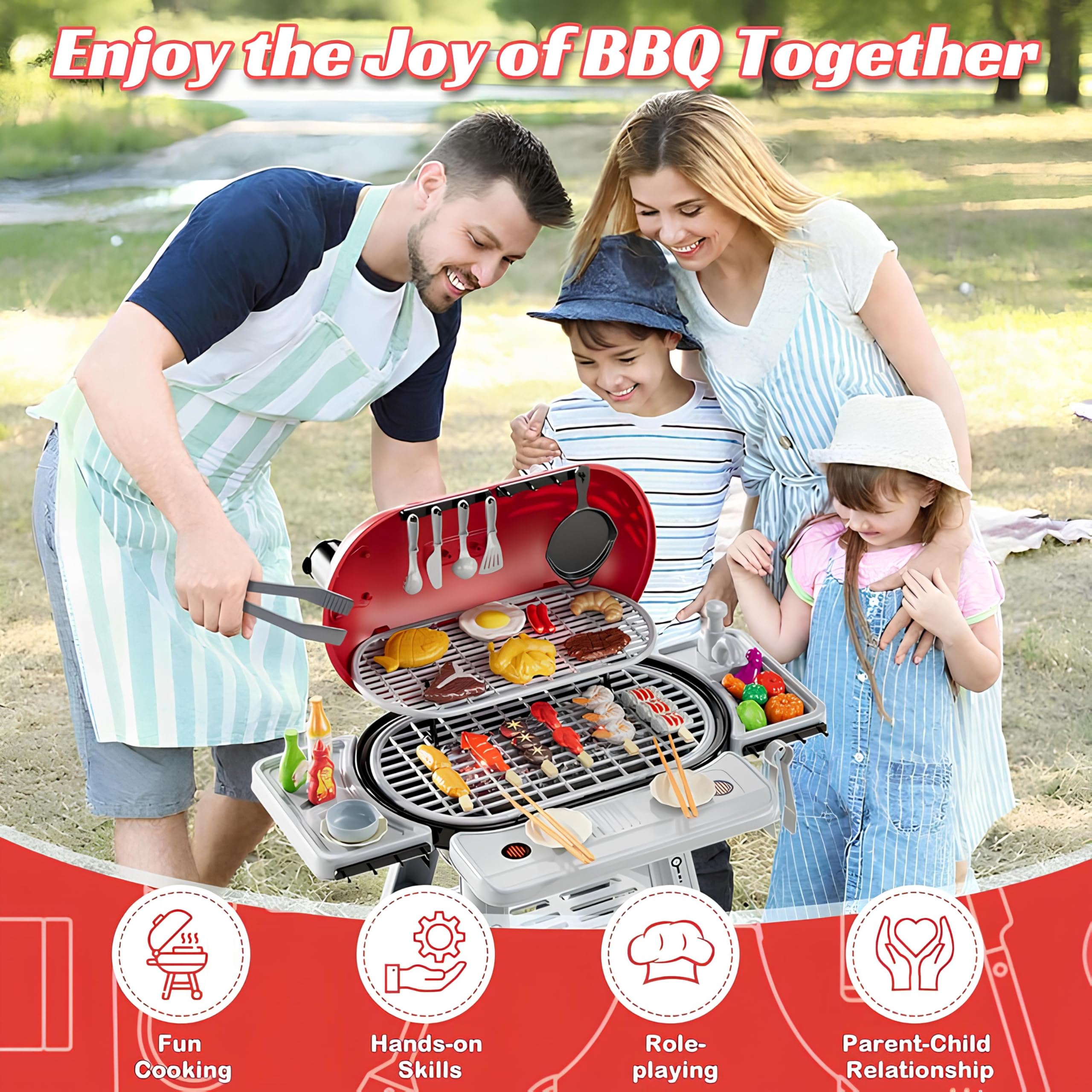 Barbecue Giocattolo Grill con Effetto Fumo Luci Suoni Realistici di Cottura Rubinetto Funzionante ad Acqua Griglia BBQ Barbeque da Cucina con Fumo Grill per Bambini con Accessori Cibo da Grigliare (A)