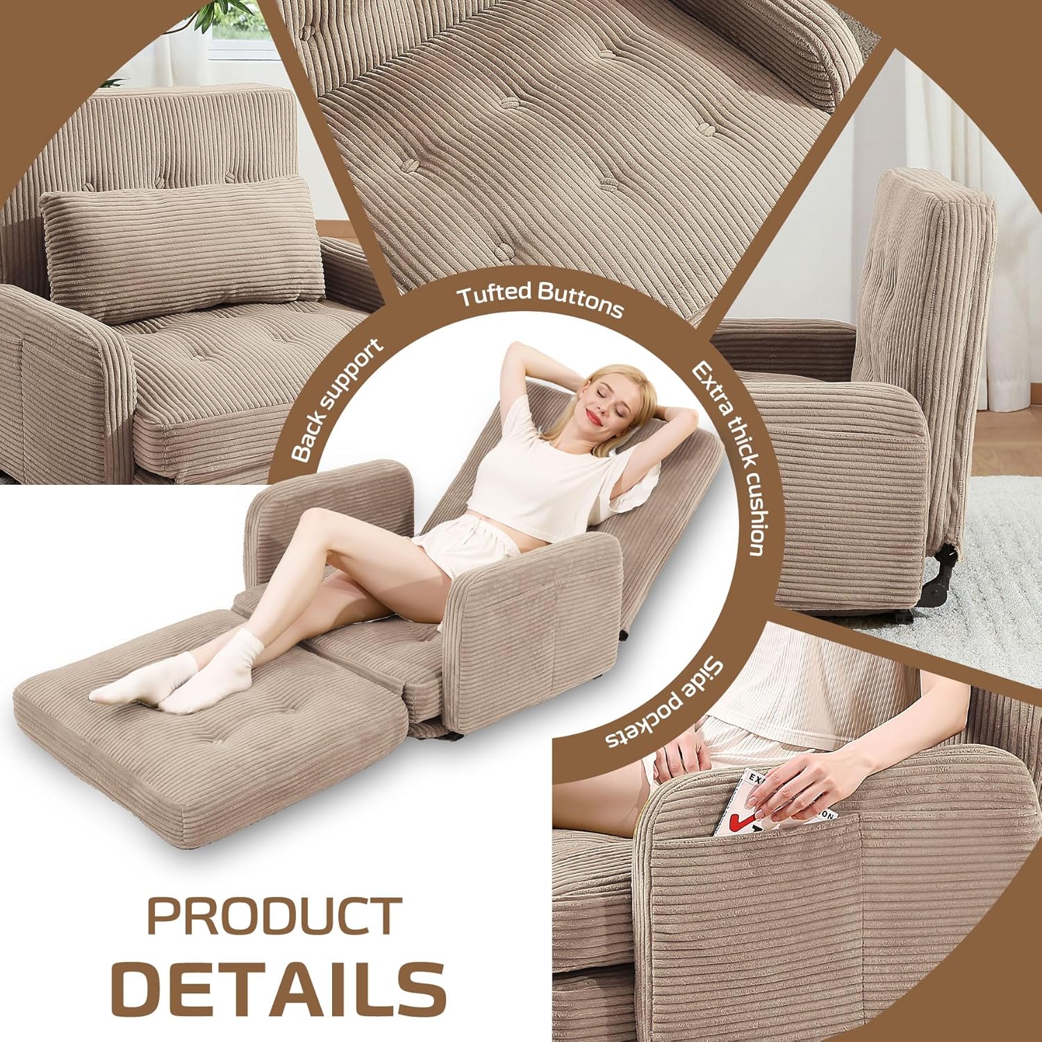 HomeMiYN Folding Sofa Bed with Adjustable Backrest, 3 in 1 Convertible Sleeper Chair to Lounger, Modular Floor Bean Bag Couch, Fold Out Chair Bed for Living Room, Bedroom, Loveseat, Khaki