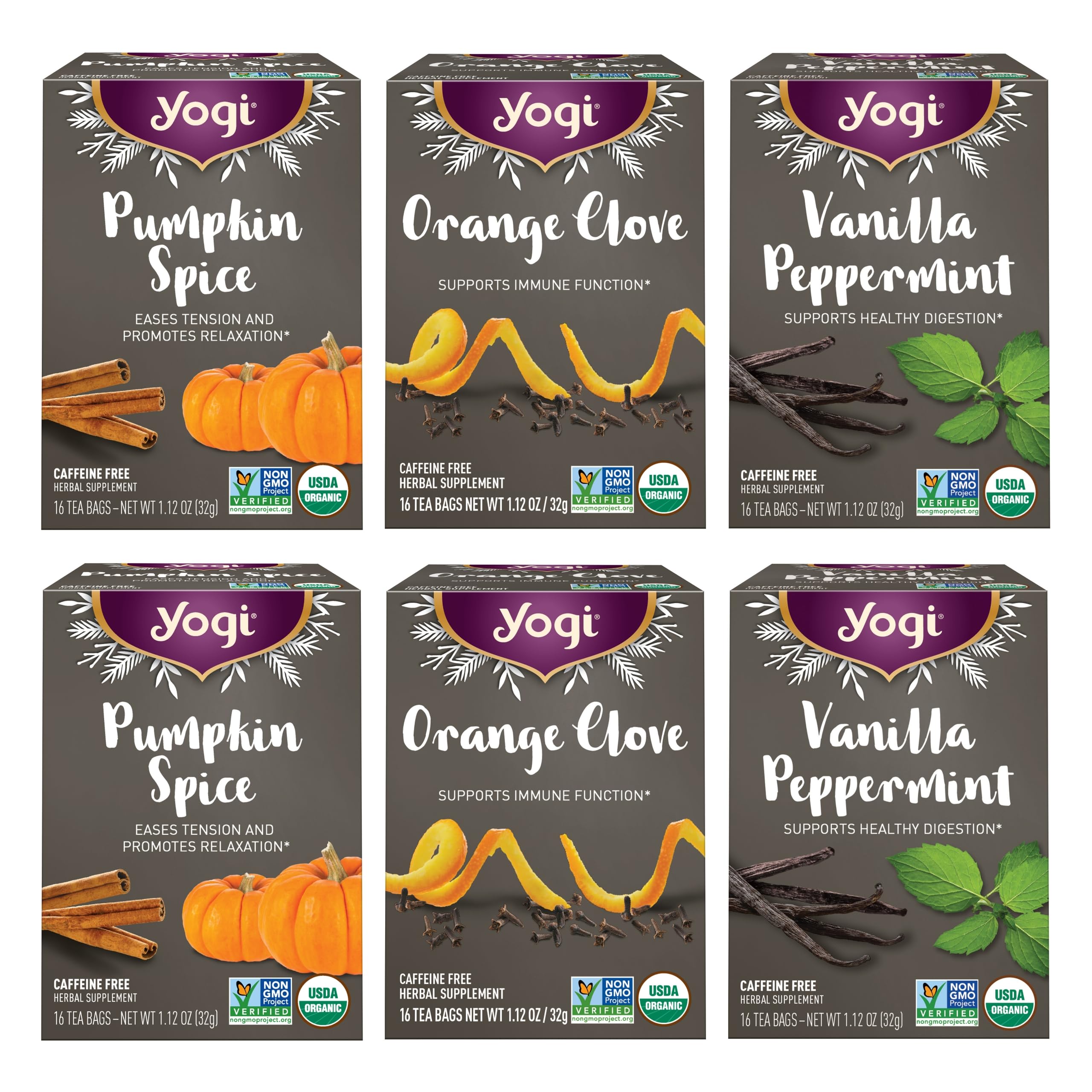 Yogi Tea Holiday Variety Sampler - 16 Bags per Pack (6 Packs) - Holiday Sampler - Includes 2 Vanilla Peppermint, 2 Orange Clove & 2 Pumpkin Spice - Seasonal Tea Sampler Set