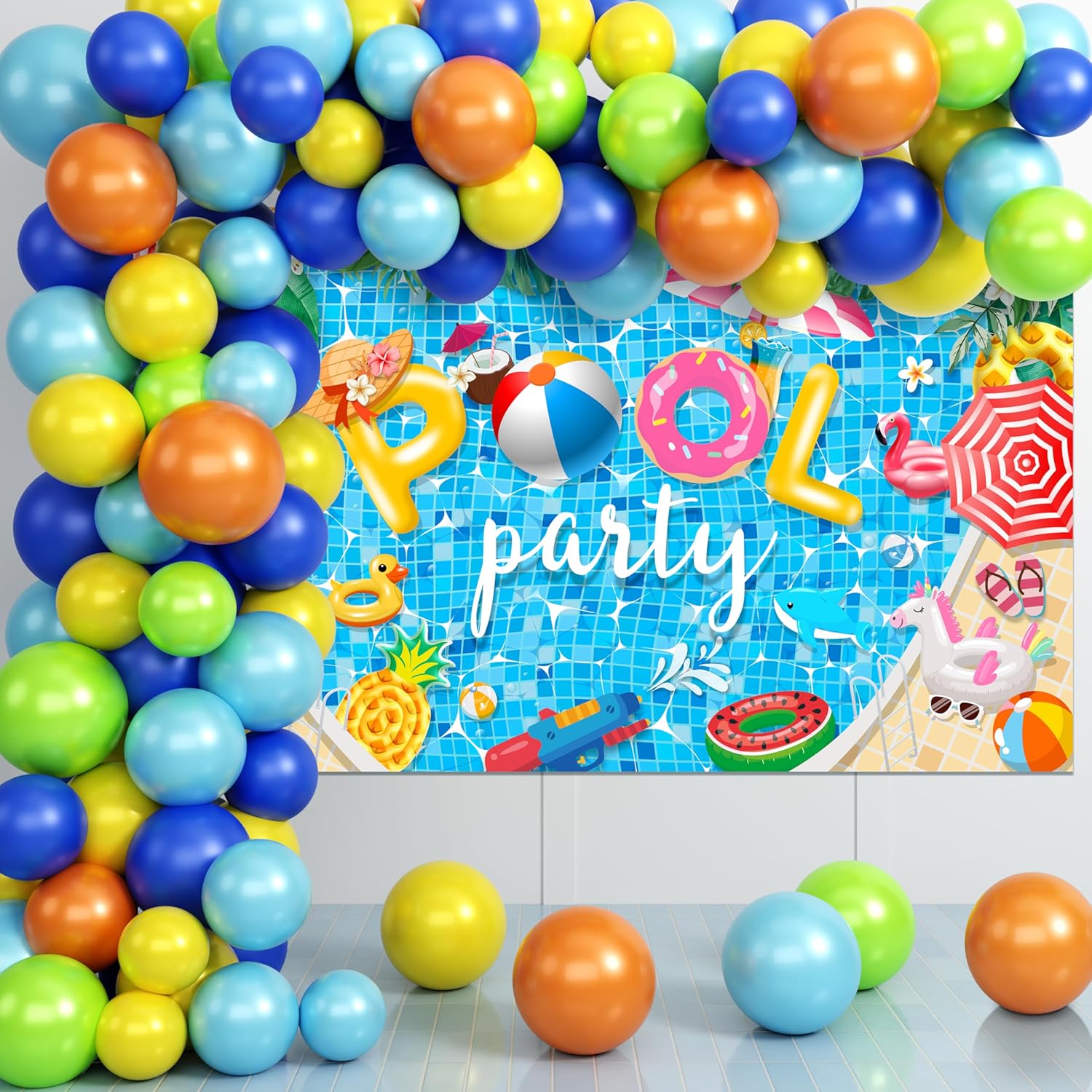 Pool Party Decorations, Summer Beach Pool Themed Birthday Party Supplies with Dinnerware Plate Napkin Cup Balloon Kit Backdrop Tablecloth for Swim Water Bash Luau Tropical Hawaii Party Decor
