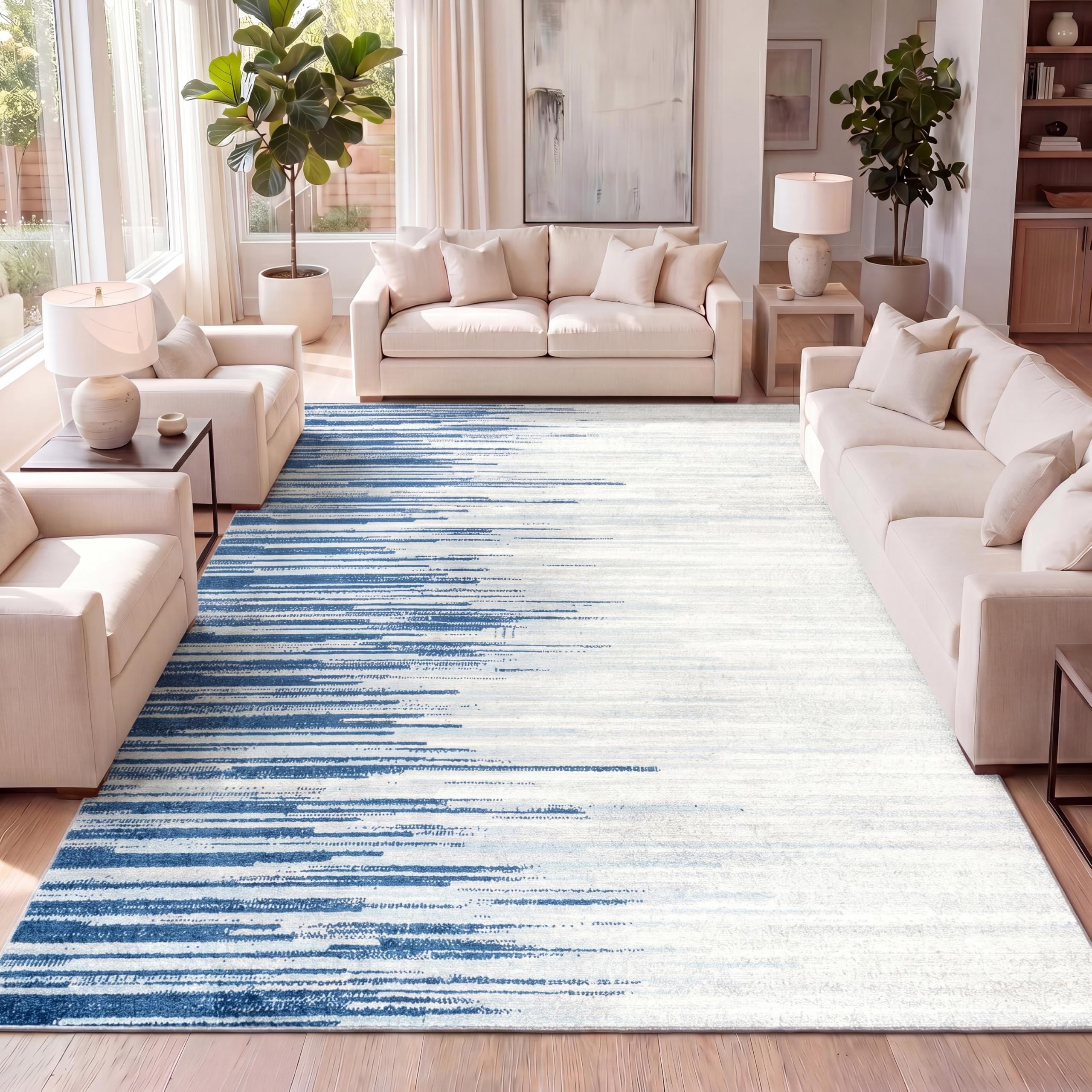 JONATHAN Y Linear Modern Half-Stripe Blue/Cream Indoor Area Rug, 3x5, Contemporary, Transitional, Easy-Cleaning for Living Room, Bedroom, Kitchen, Pet