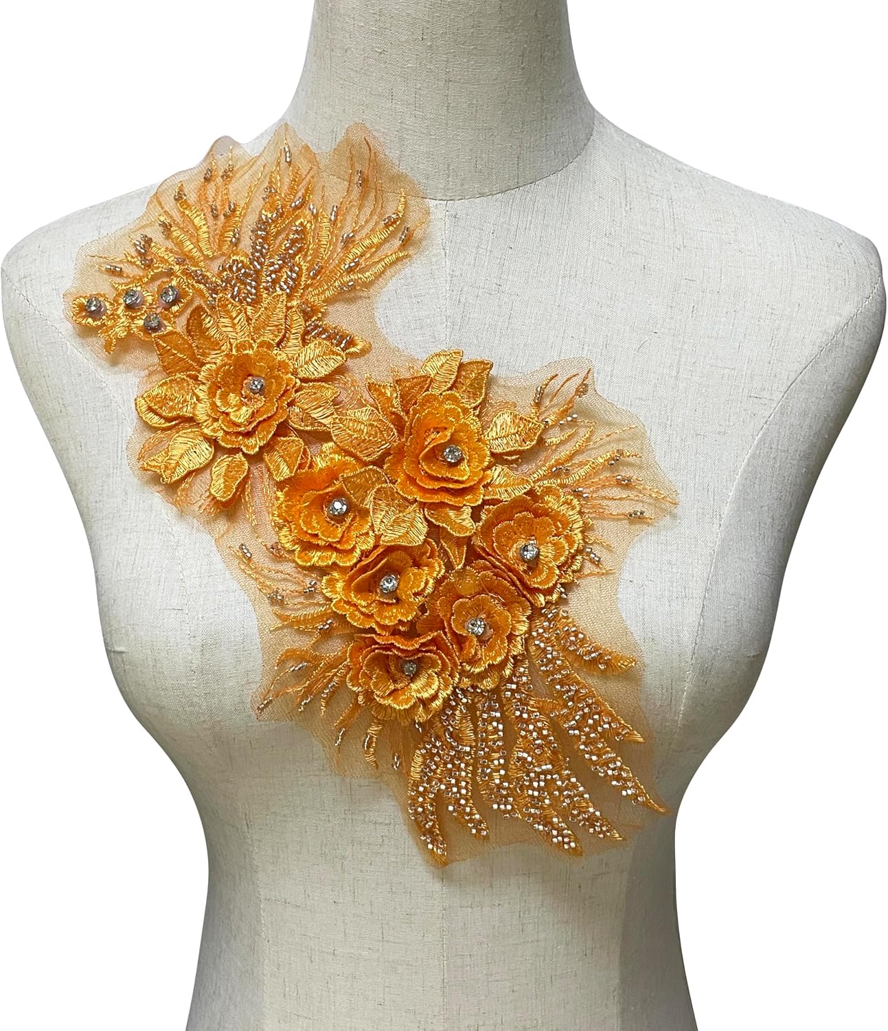 Orange 3D Lace Tassel Flower Embroidered Applique Patch - 12x5 Inch, for Wedding Dresses, Bridal Gowns, DIY Crafts, Sewing & Costume Accessories