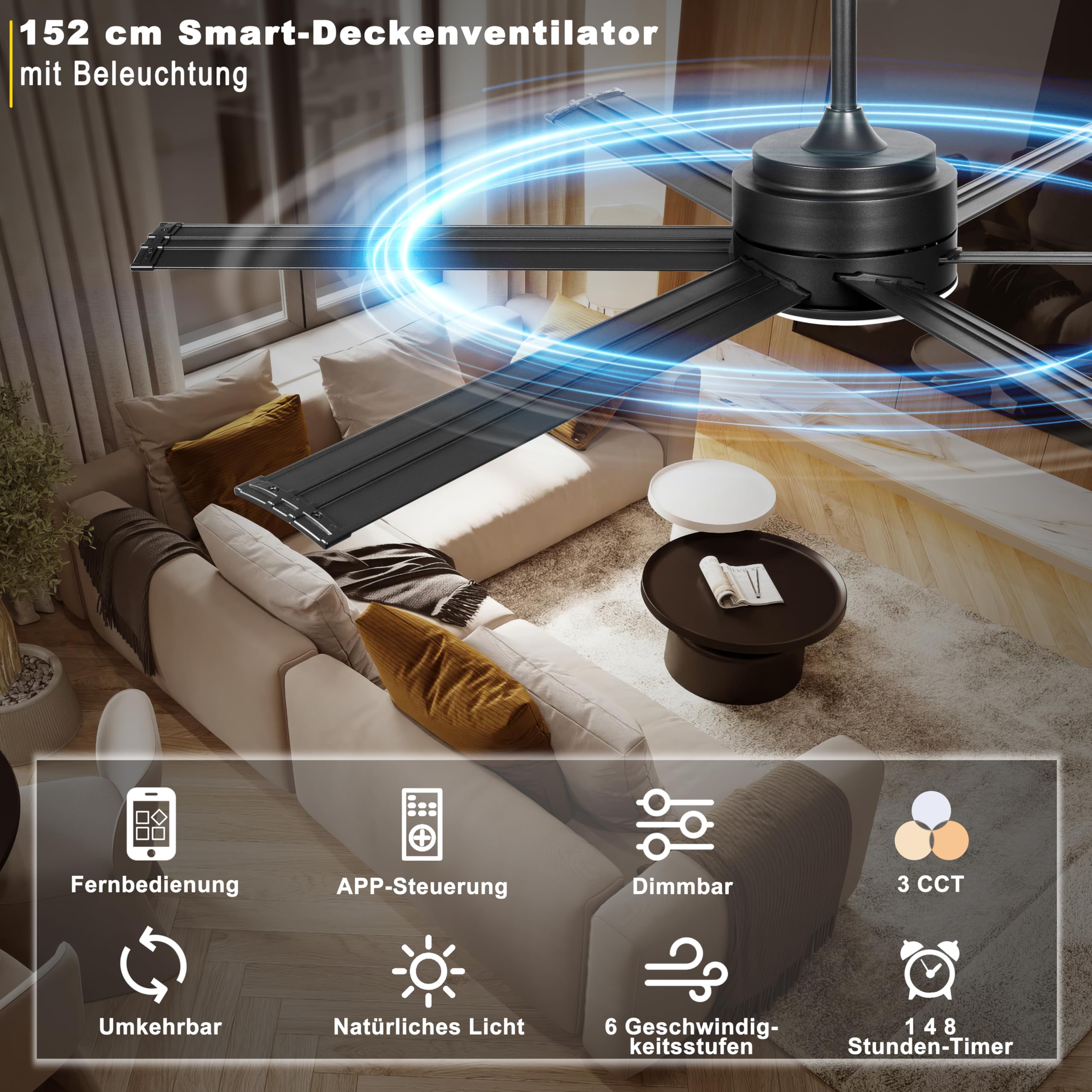 Ohniyou Deckenventilator mit Beleuchtung 152,4 cm 60 Zoll dimmbar Gleichstrommotor Fernbedienung App