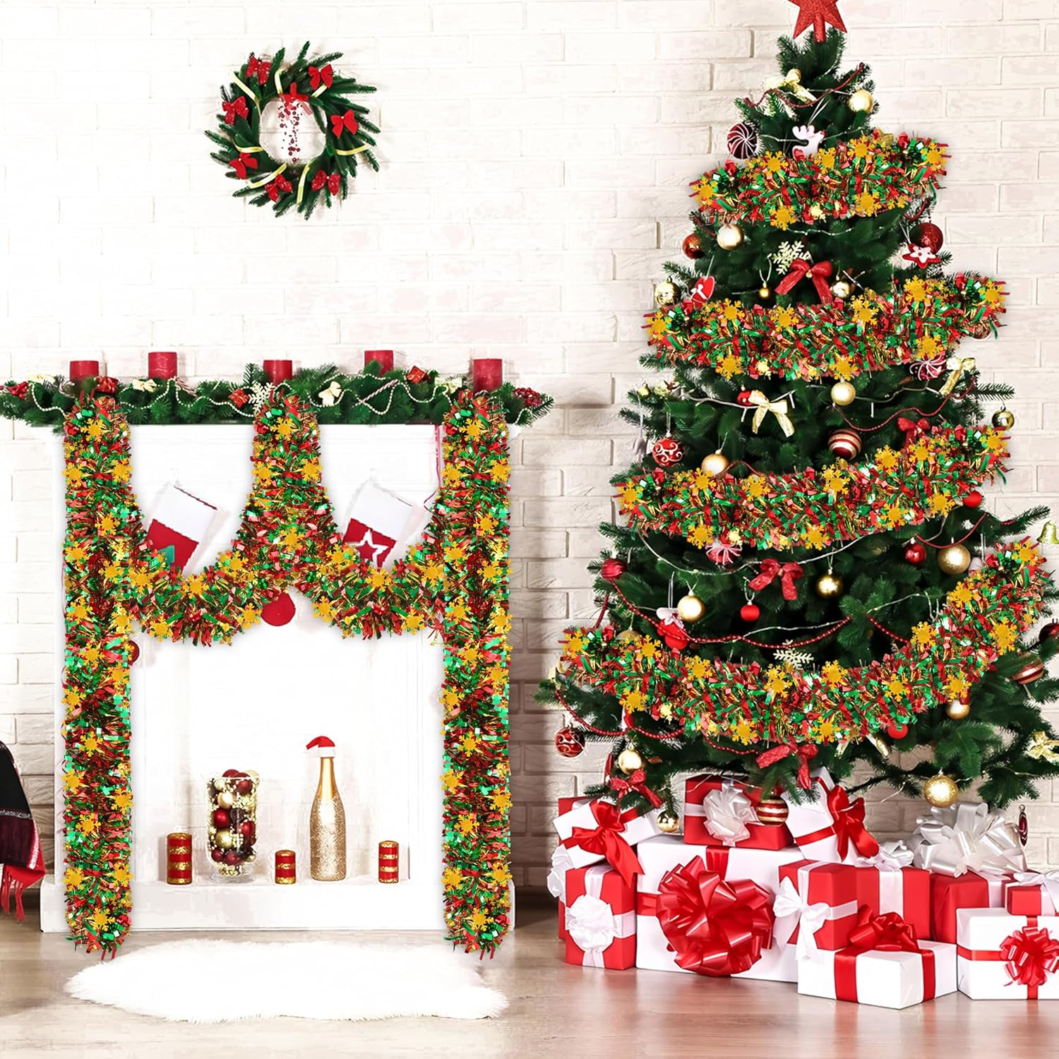 39.3ft Christmas Snowflake Tinsel Garland Green Red Gold Metallic Tinsel Twist Garland Xmas Glitter Ceiling Hanging Decorations for Christmas New Year Party Holiday Tree Home Indoor Outdoor Decor - Image 4