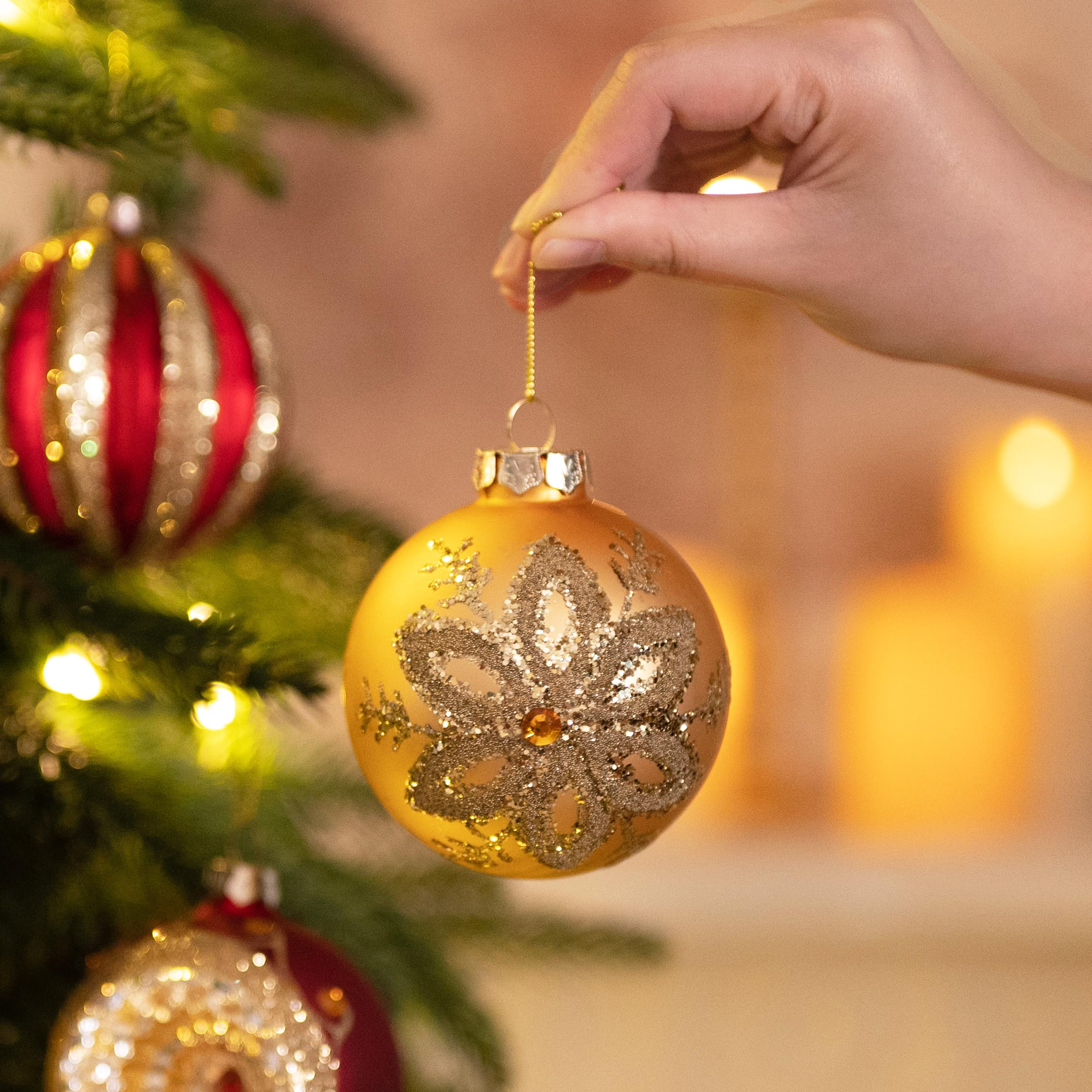 Valery Madelyn Boule de Noël en Verre de Luxe 10 carats - Or Rouge - 8-12 cm - Jupe d'arbre à thème (Non Incluse)