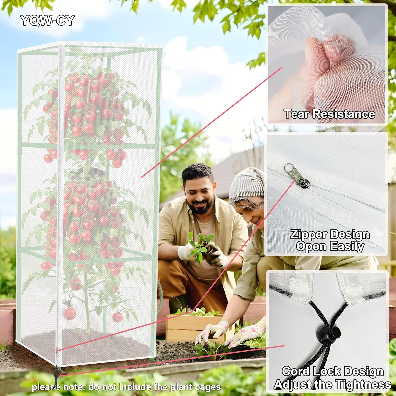 Garden Bird Netting Plant Cover for Square Tomato Cage, 59" x 17.7" Insect Barrier Tomato Cage Net with Zipper and Drawstring, Tomato Trellis Netting Protection Cover for Protecting Plant (6 Pack)