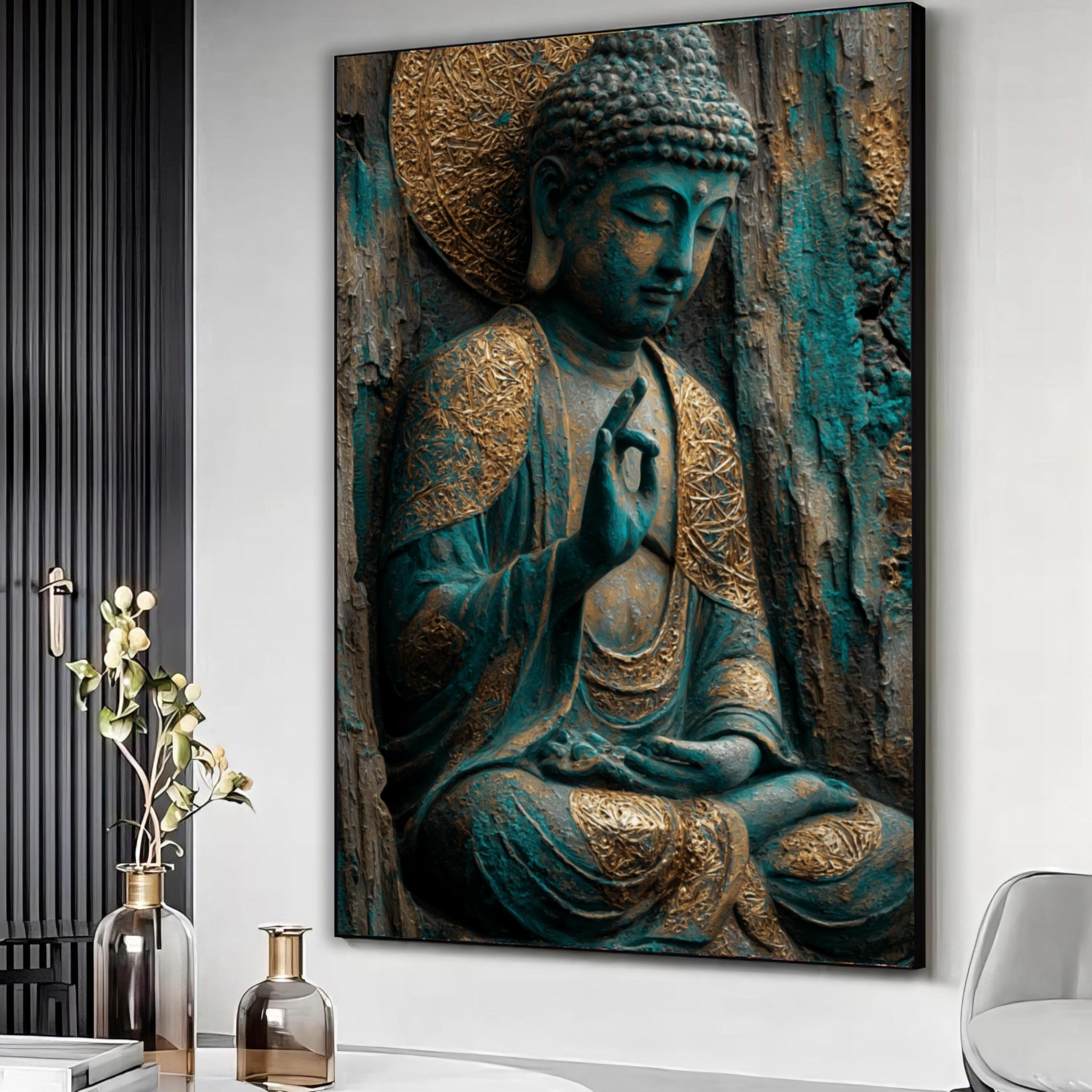 XBTYKPB Serene Buddha Meditation Canvas Wall Art, Spiritual Yoga Decor, Zen Buddha Statue Painting, Gold Teal Toned Canvas, Mind(80x110cm/Inner Frame)