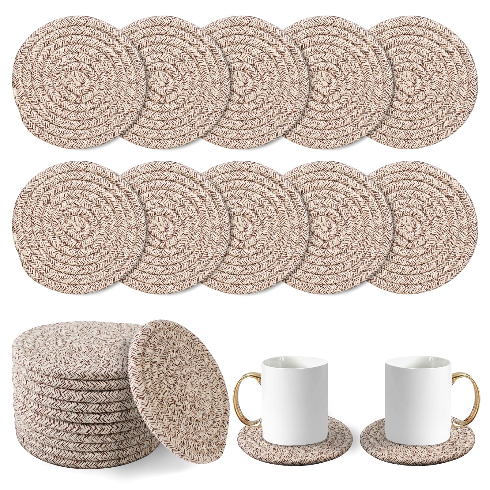 Vivinin Mixed Brown 10 Psc Cotton Coasters, Absorbent Boho Coasters, Coasters For Drinks, Cup Coasters Woven Coasters, Coaster Set For Room Decor Bar Housewarming Gift, 4.3Inch
