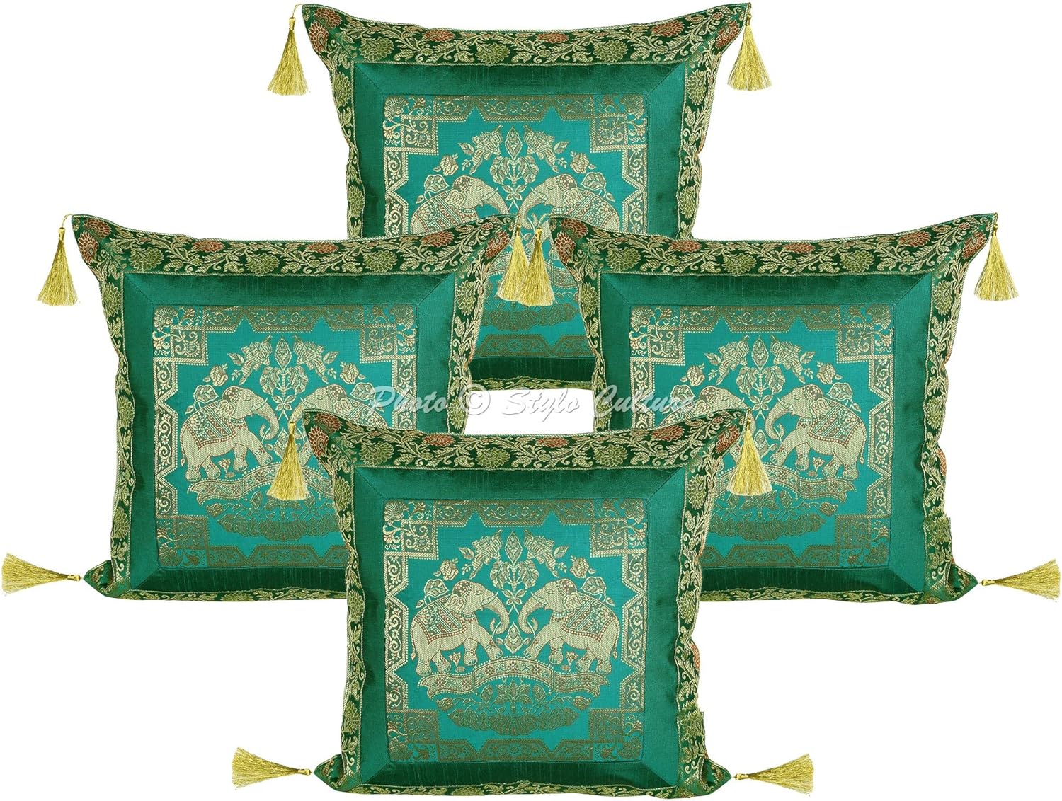 Indian Decorative Sofa Couch Toss Throw Pillow Cases 45x45 cm Brocade Bedroom Emerald Green Elephant Jacquard Tassels Square Luxury Zippered Ethnic 18x18 Inch Cushion Covers - 4 Pcs