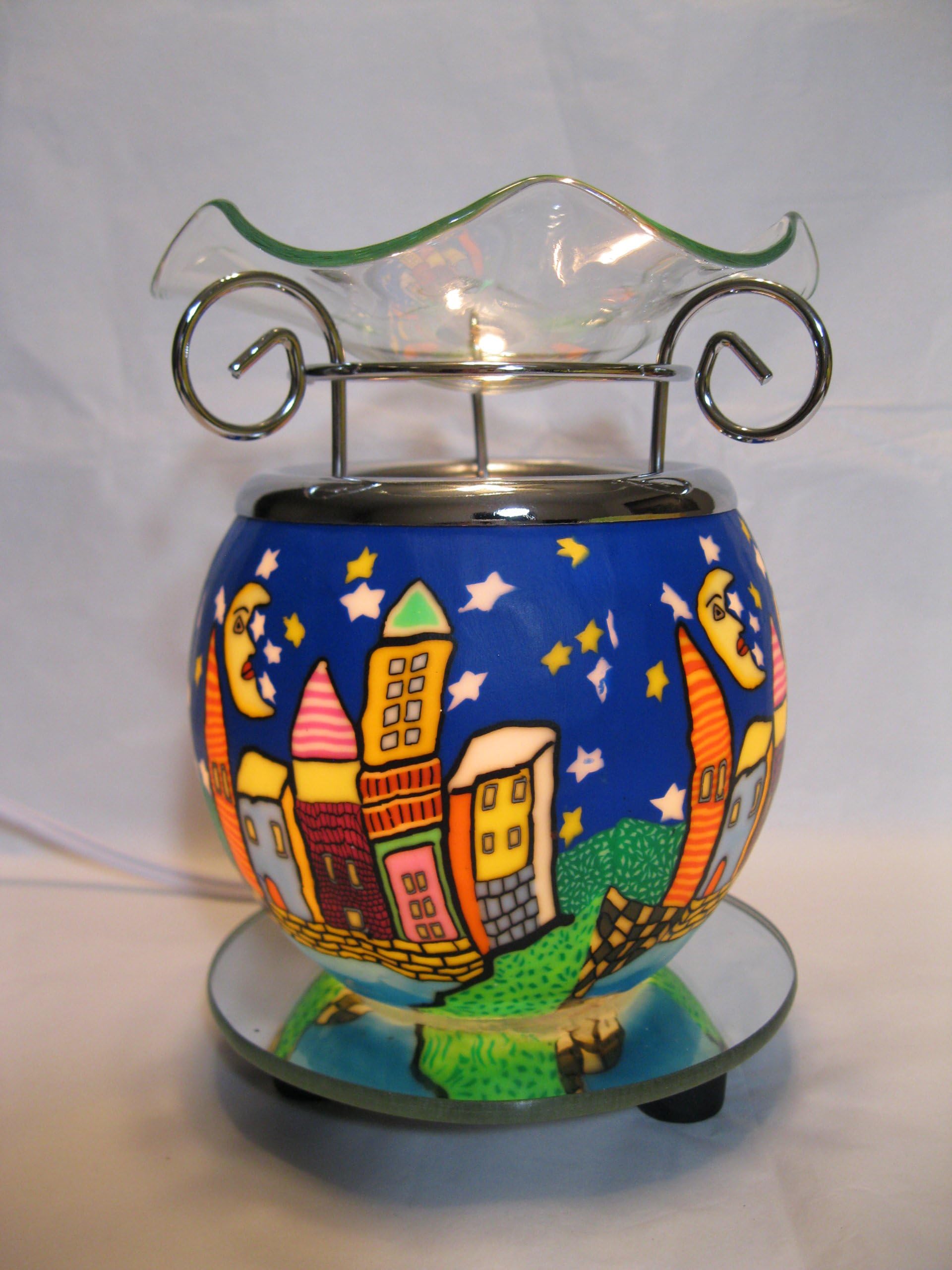 ISSR Painting Night City Design Decorative Glass Electric Fragrance Lamp Aromatherapy Oil Warmer/Burner Night Light in Gift Box # Mt-020