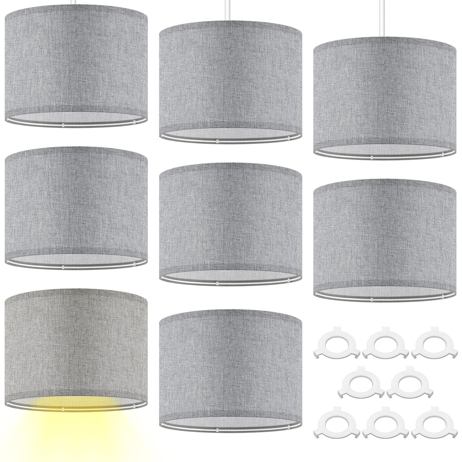 Weewooday 8 Pcs Fabric Lampshade for Ceiling Lights Pendant Modern Drum Lamp Shades for Table Floor Bedroom with E27 to E14 Adapter Ring (Grey,10 Inch)