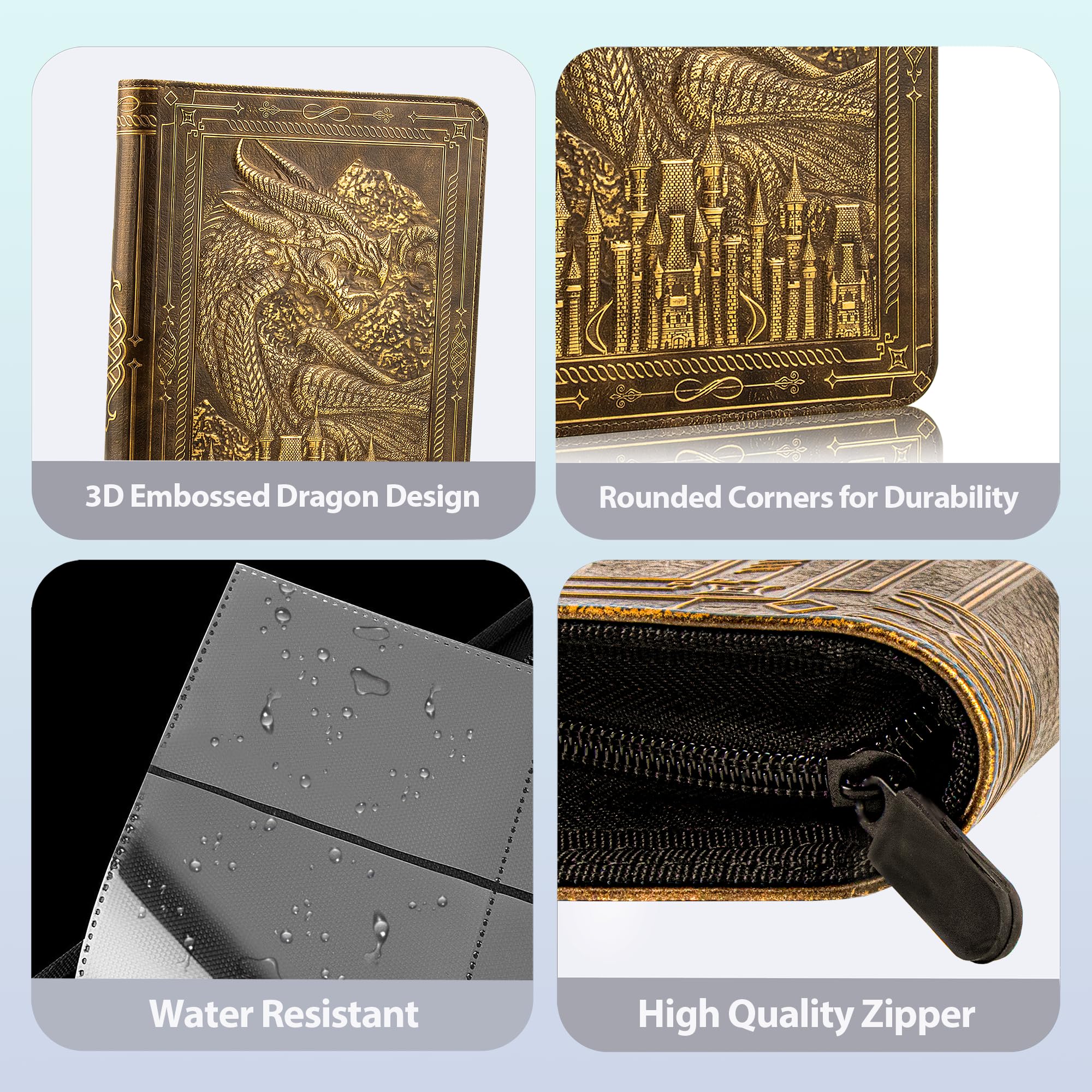 FEIDIAO Raccoglitore per carte collezionabili a 9 tasche, 360 tasche laterali, con cerniera, in pelle PU 3D goffrata, con drago, libri di carte collezionabili, album da collezione per MTG, TCG,