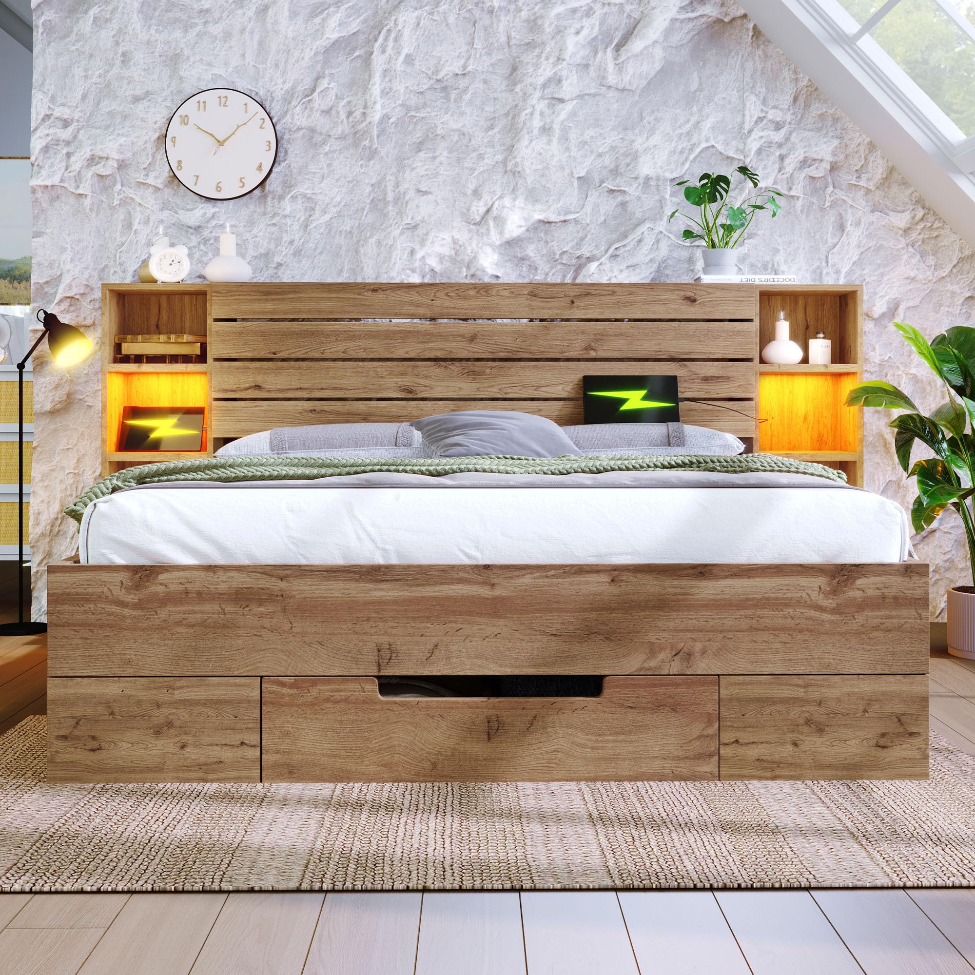 Lubvtti Cama Acolchada 160 × 200 cm con iluminación LED y USB & Type-C cabecera y cajones,Cama Matrimonio con contenedor,Cama Doble,Estructura Cama 160 x 200 cm con somier de láminas,Natural