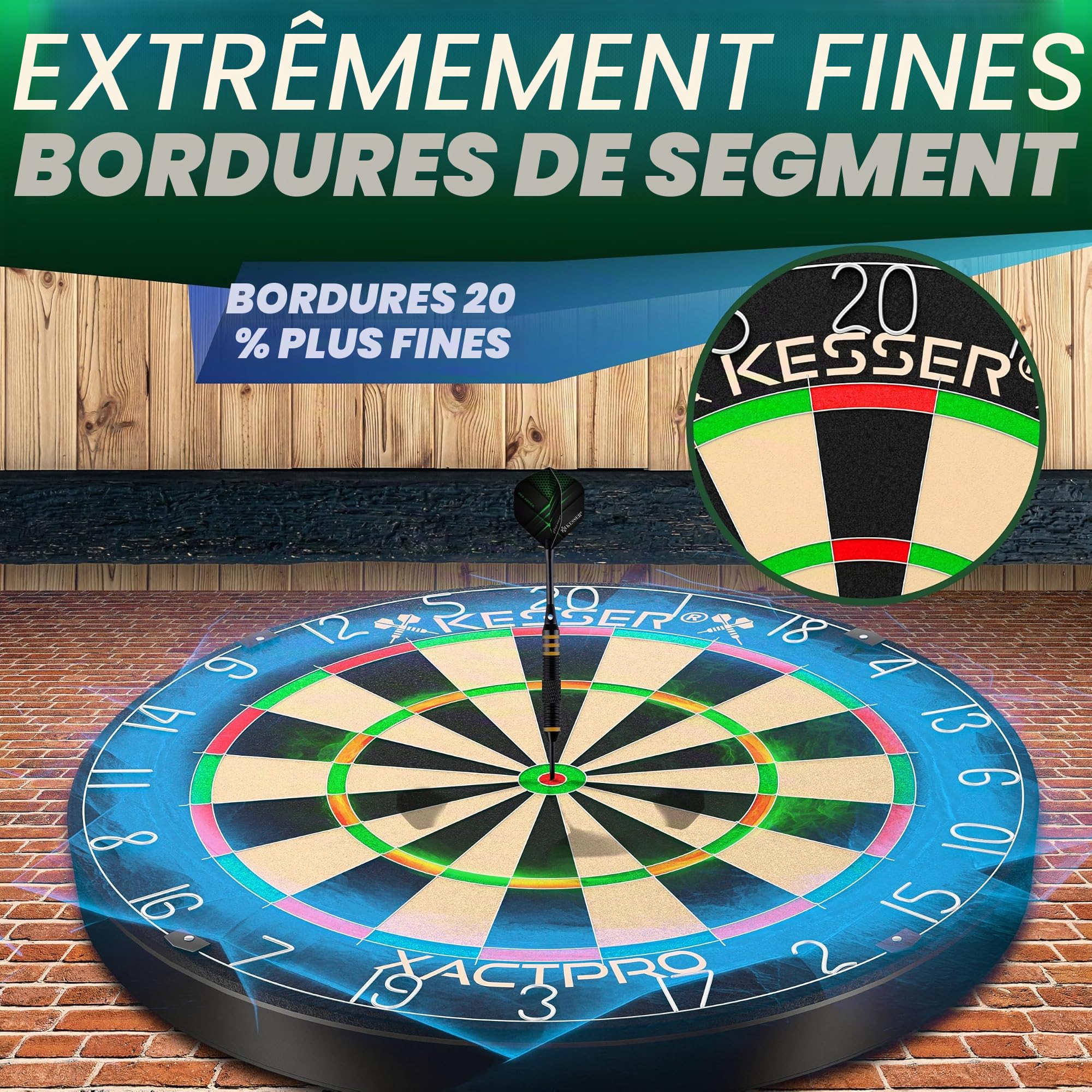 KESSER® Jeu de fléchettes pour pointes en acier, avec cible en liège, 9 fléchettes à pointe métallique, 21 ailettes Pro et accessoires, matériel de montage inclus