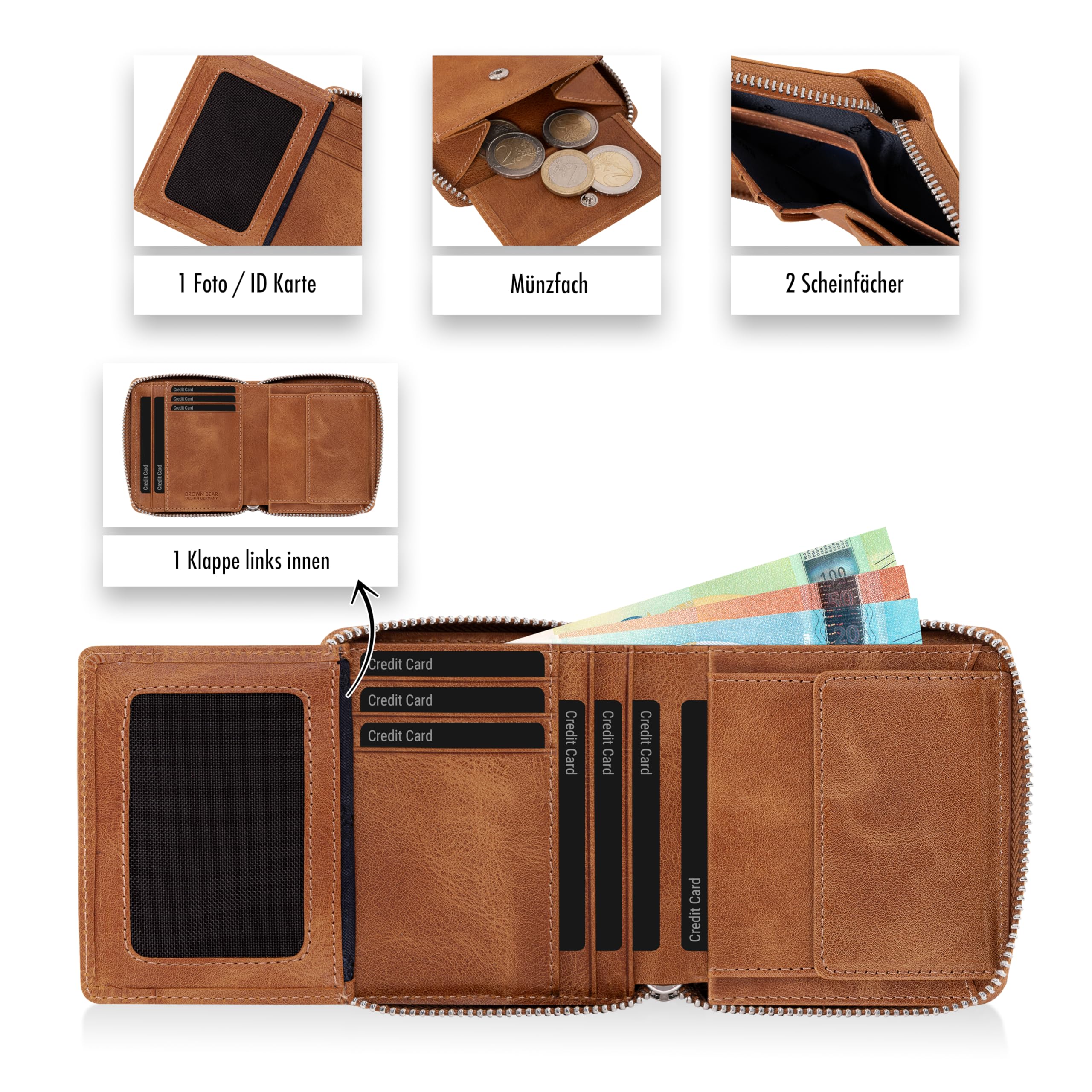 BROWN BEAR Cartera Cremallera Cuero RFID Protección y Monedero - 8009, Marrón Vintage Coñac, 0, Cartera con cremallera alrededor