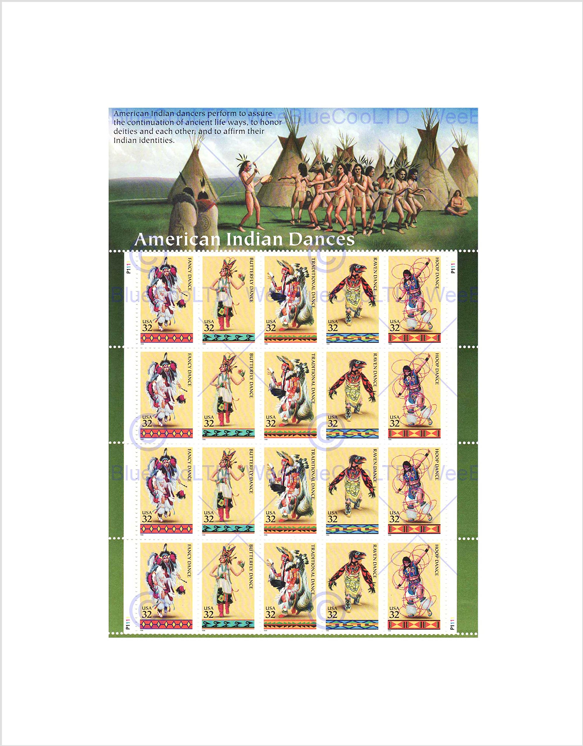 Wee Blue Coo Postage Stamps American Indian Native Dance USA Wall Art Print