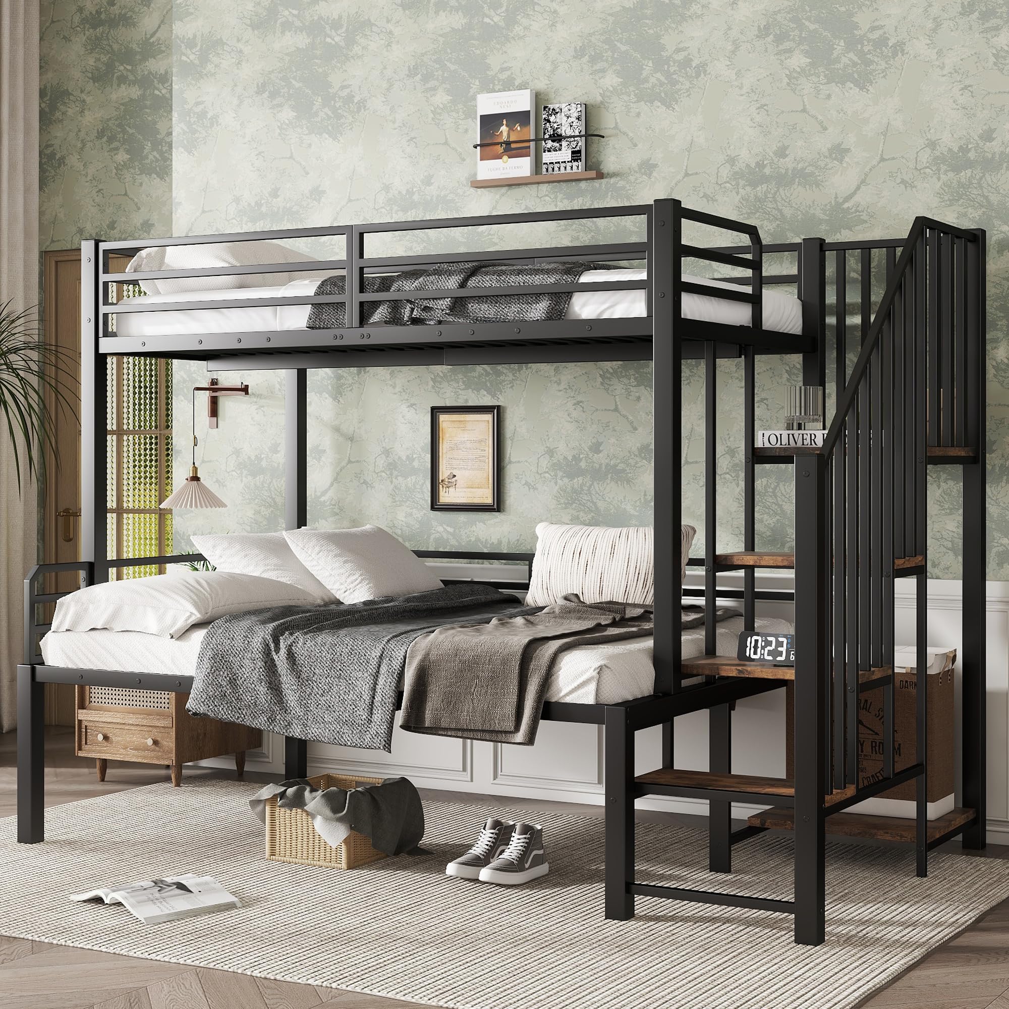 LAKFEW Litera de Metal 90x200 & 120x200 cm con Escalera y Barandilla Anticaída, Cama Infantil con Estante, Cama para Niños, Literas para Adultos, Literas Juveniles, Negro, Sin Colchon