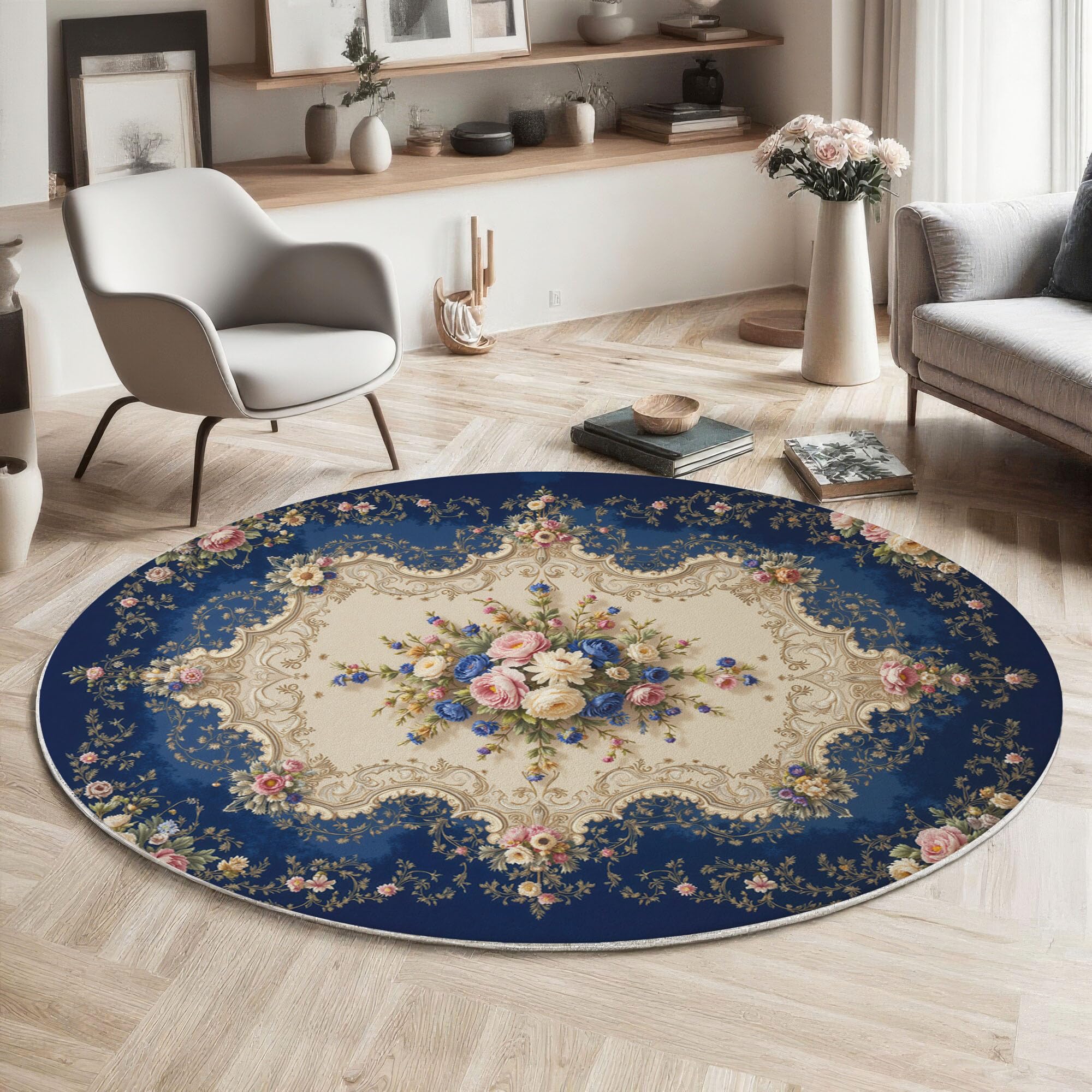 Tapis fleurs motifs géométriques rond 120cm doux moelleux poil bas