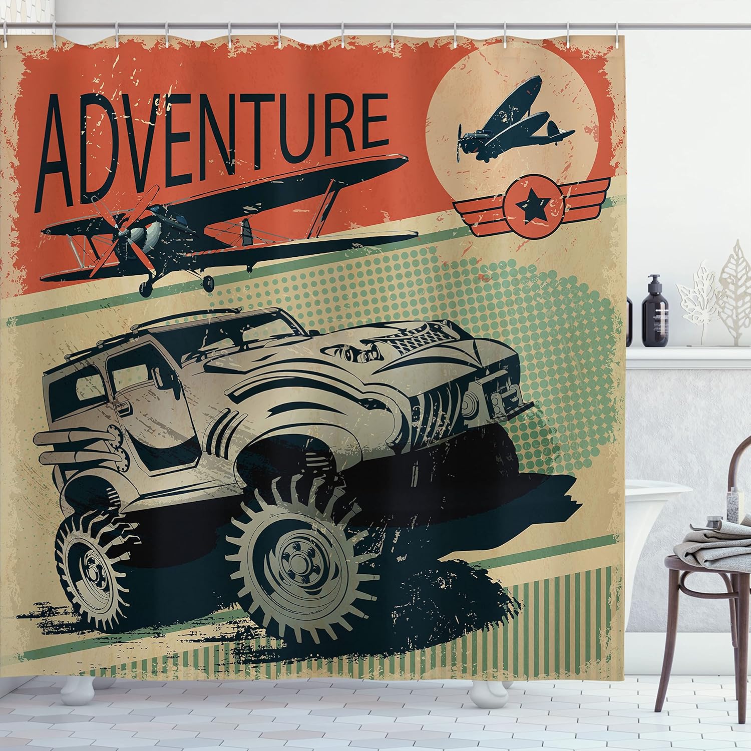 Ambesonne Adventure Shower Curtain, Aged Damaged Display with Retro Elements Strong Vehicle and Airplanes Print, Cloth Fabric Bathroom Decor Set with Hooks, 69" W x 75" L, Tan Orange Green