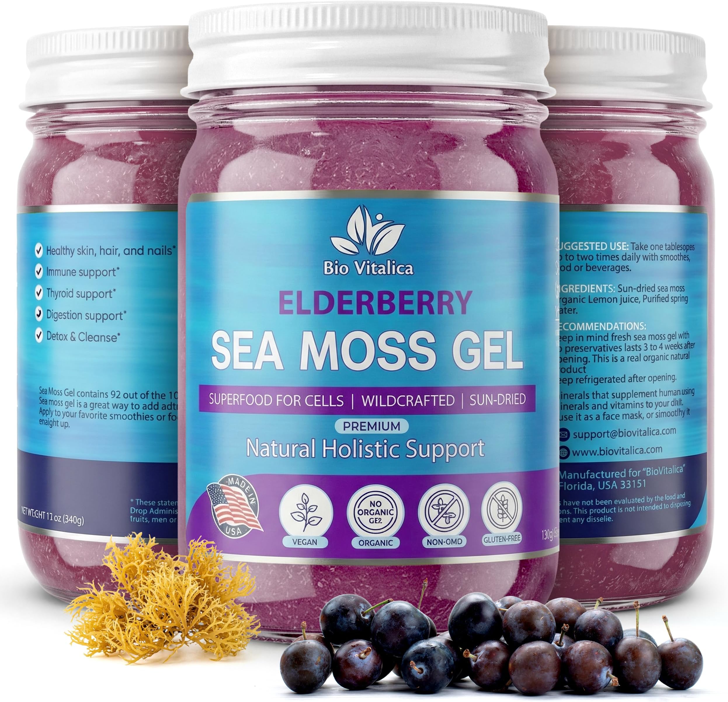 BIO VITALICA Irish Sea Moss Gel 12oz - USA Made Dr.Sebi Wildcrafted Seamoss - Superfood with Iodine, Bladderwrack & Burdock Root for Immune & Energy Boost, Skin & Hair Health - Elderberry, Pack of 1