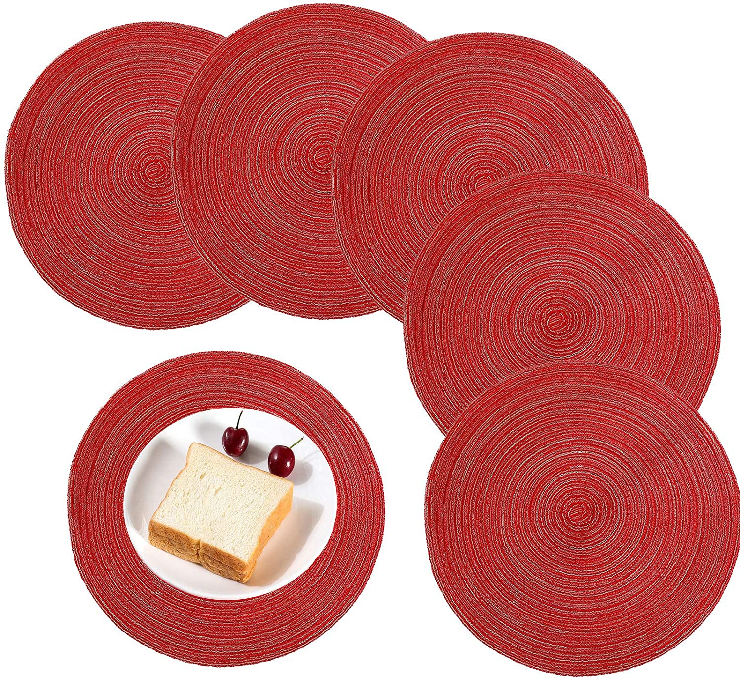 Alnicov Set di 6 tovagliette rotonde da 38 cm, in cotone, resistenti al calore, antiscivolo, lavabili, per tavolo da pranzo, matrimoni, feste e uso quotidiano (rosso)