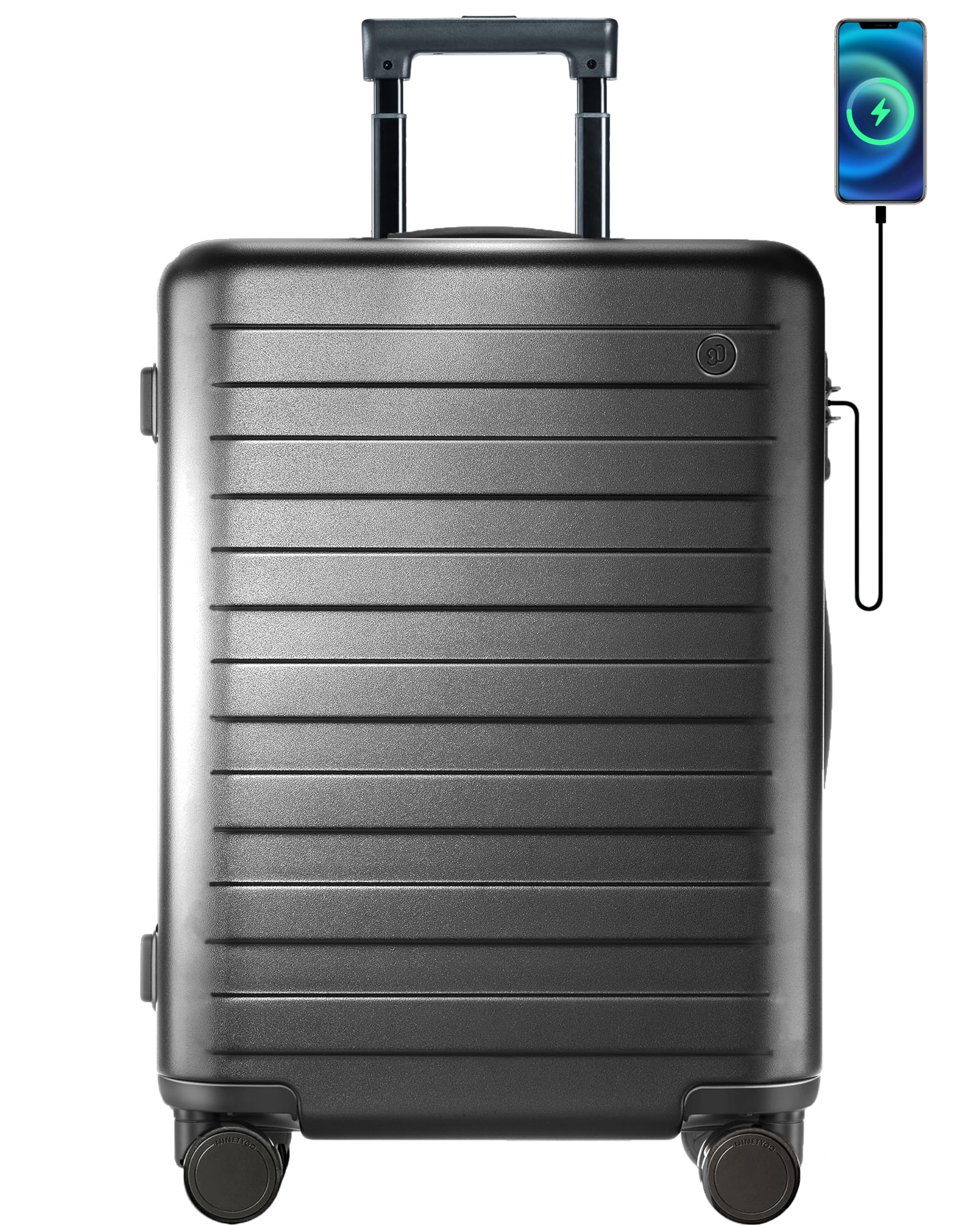 Carry on Luggage 20 Inch Suitcase with USB Port, PC Hardside 22x14x9 Airline Approved with Double Spinner Wheels TSA Lock for Airplanes Quick Getaway (Black)