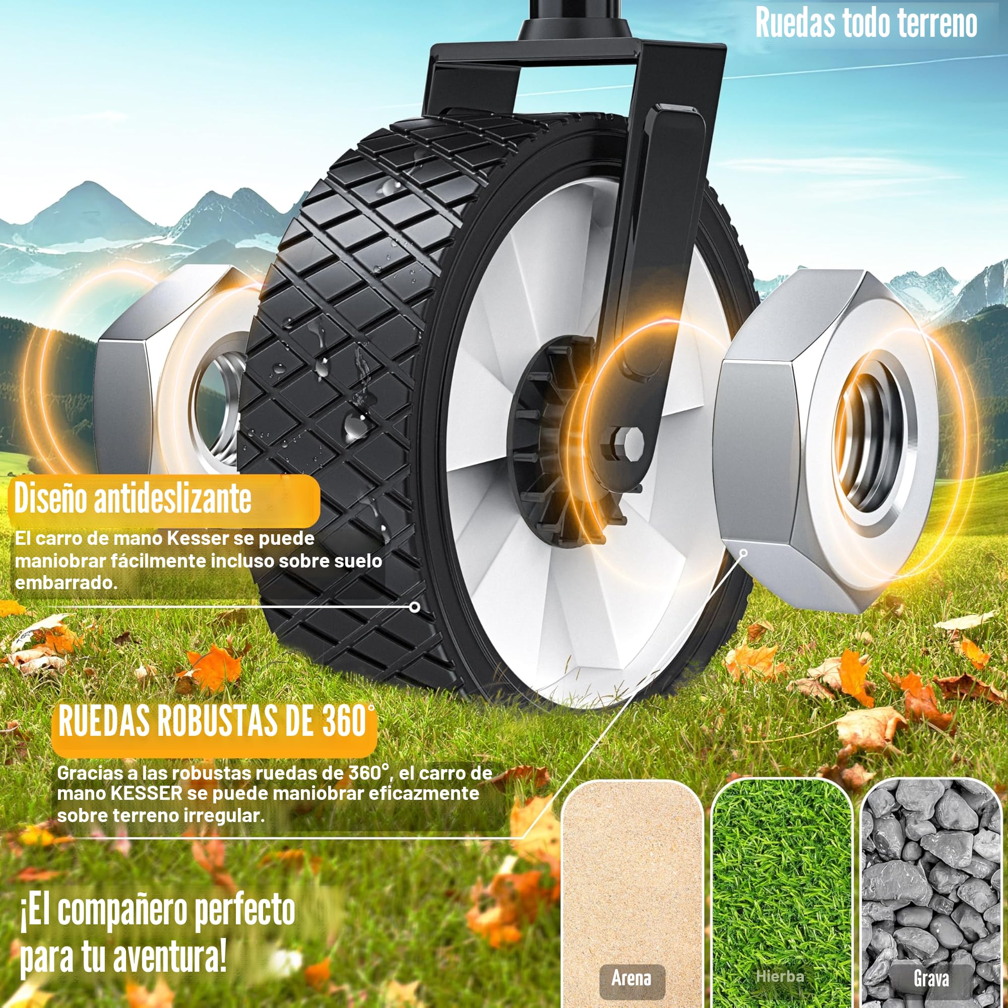 KESSER® Carro Plegable con Techo | Carrito de Jardín con 2 Bolsillos de Red y uno Exterior con Freno en la Rueda Delantera | Ruedas de Goma | hasta 100 kg de Capacidad | Gris