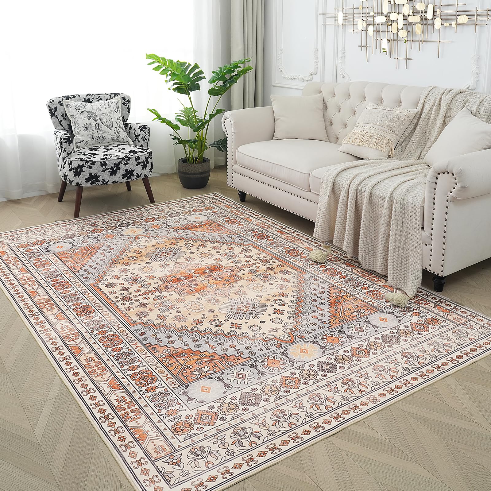 Xfrog Teppich Wohnzimmer Waschbare Teppiche Gegend Kurzflor Vintage Teppich Schlafzimmer Orange 160x230CM