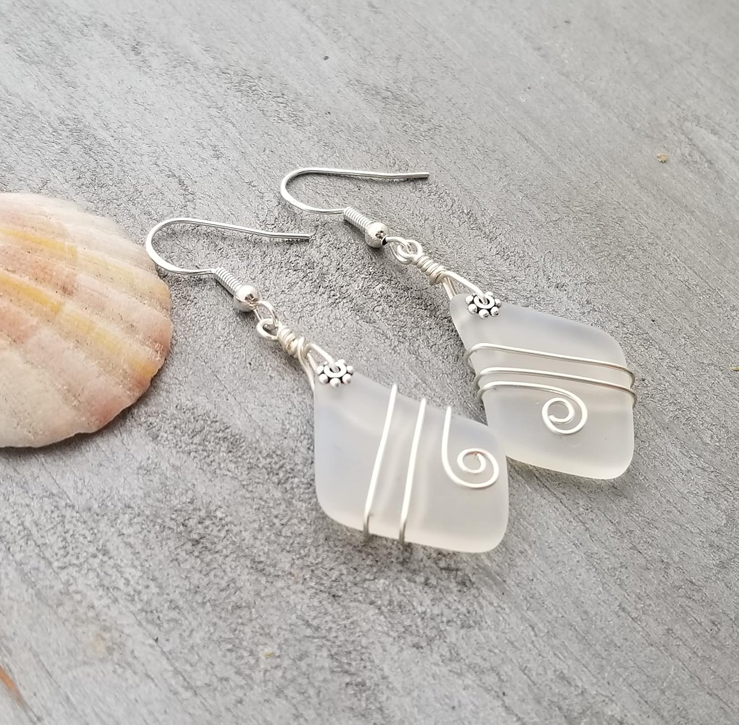 Handmade Hawaiian Sea Glass Earrings, Wire Wrapped Earrings, Diamond Shape Beach Glass Birthday Jewelry Gift For Women with Customization Order