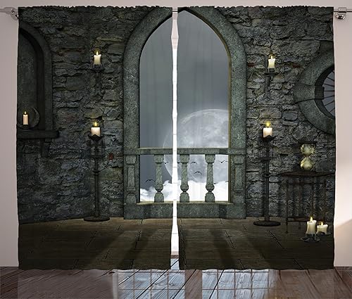Lunarable Cortinas góticas, luna llena, pájaros, fantasía, castillo antiguo, balcón, vela ardiente, vista nocturna, arte, sala de estar, dormitorio,