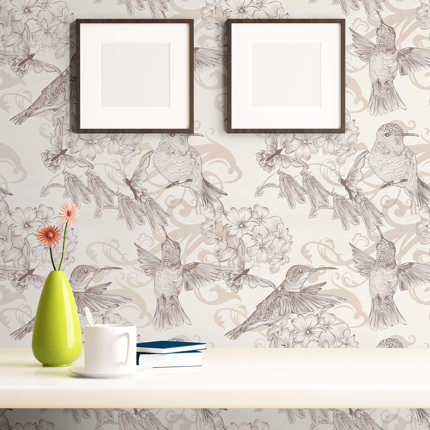 Walls By Me Peel and Stick Beige Floral Animal Removable Wallpaper 2219-2ft x 4ft (61x122cm)