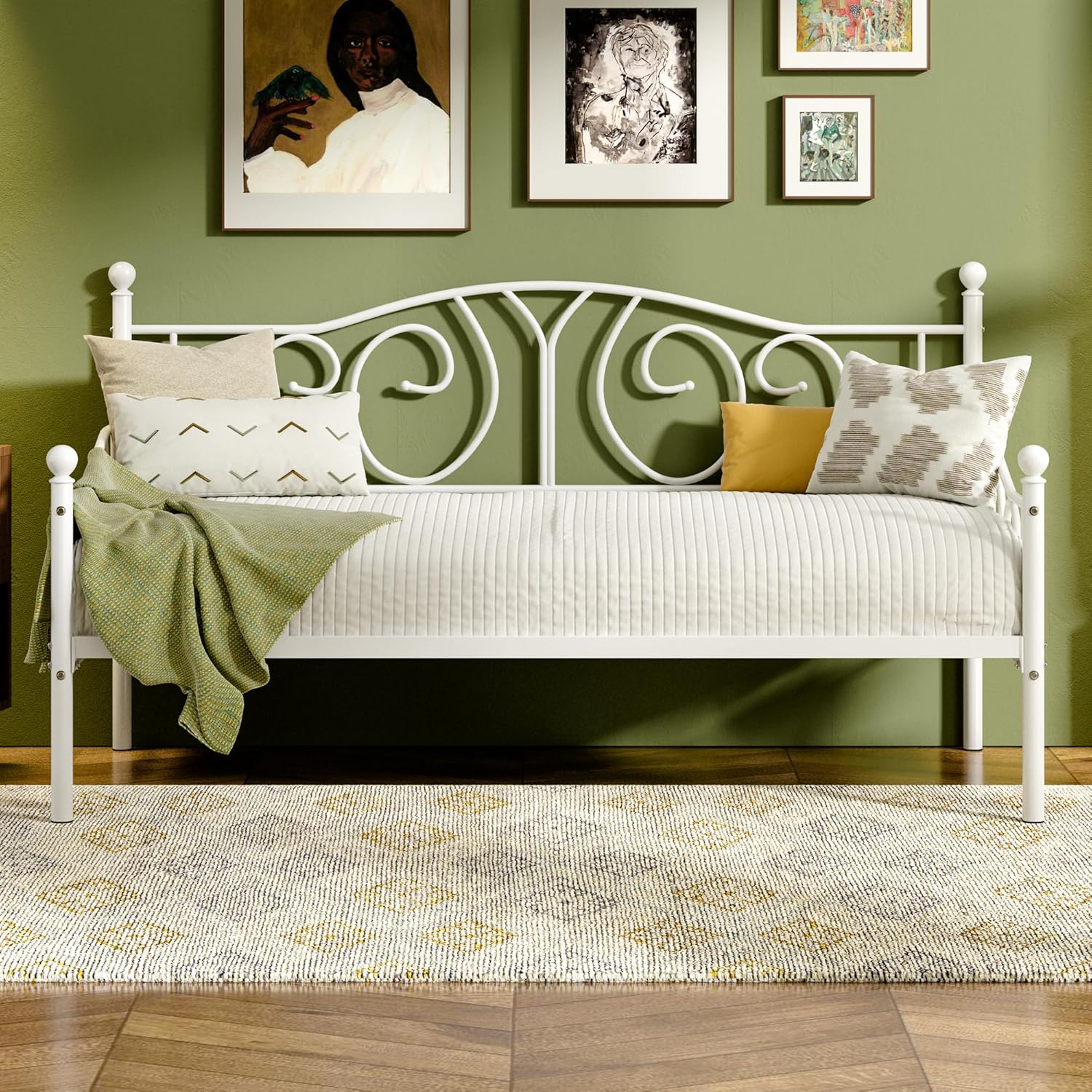 VECELO Metal Daybed Frame Multifunctional Platform Bed Sofa Mattress Foundation with Deluxe Headboard, Twin, White