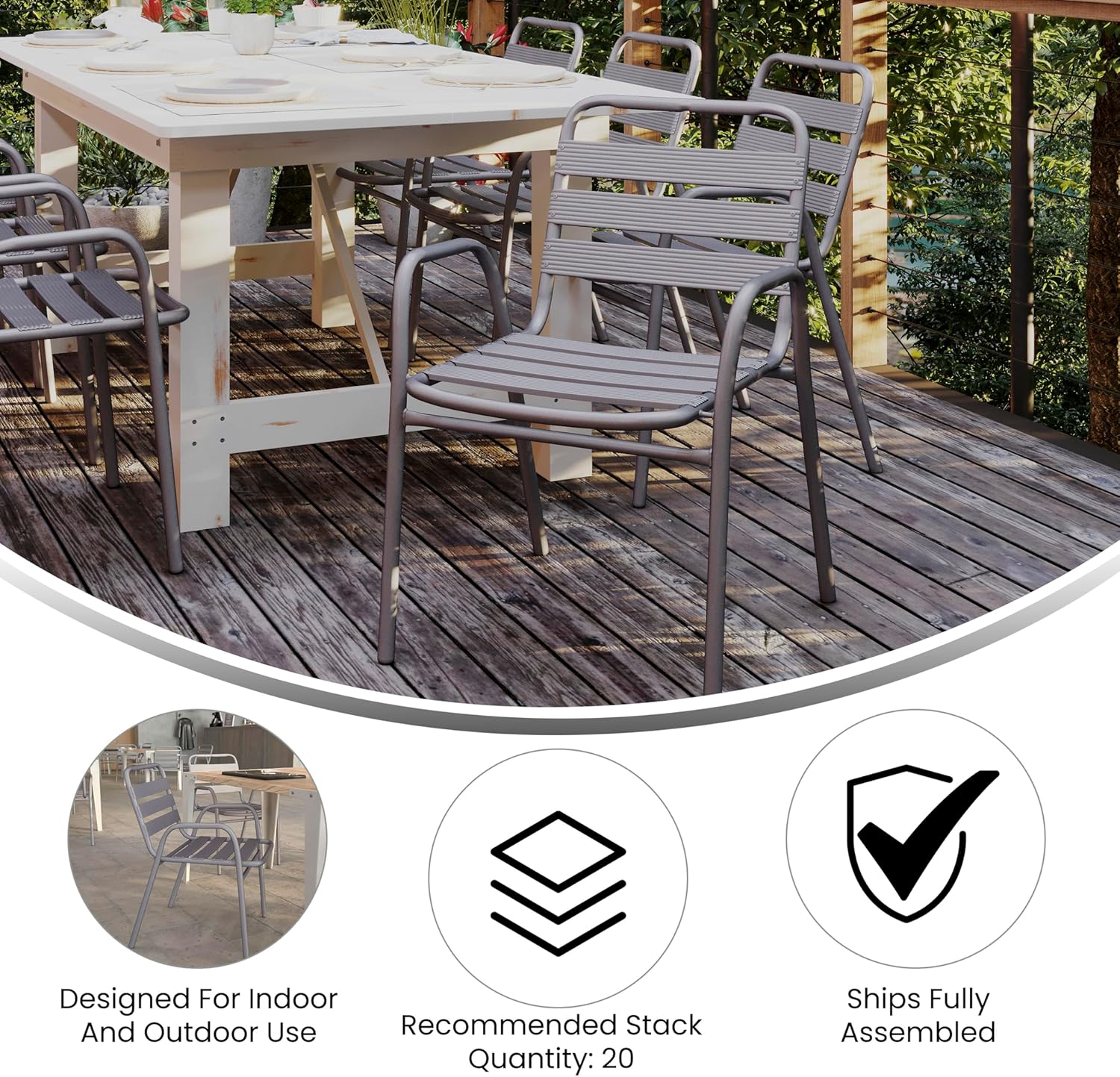 Flash Furniture Lila Commercial Restaurant Stack Chair with Triple Slat Back and Arms, Indoor-Outdoor Dining Chair, Silver