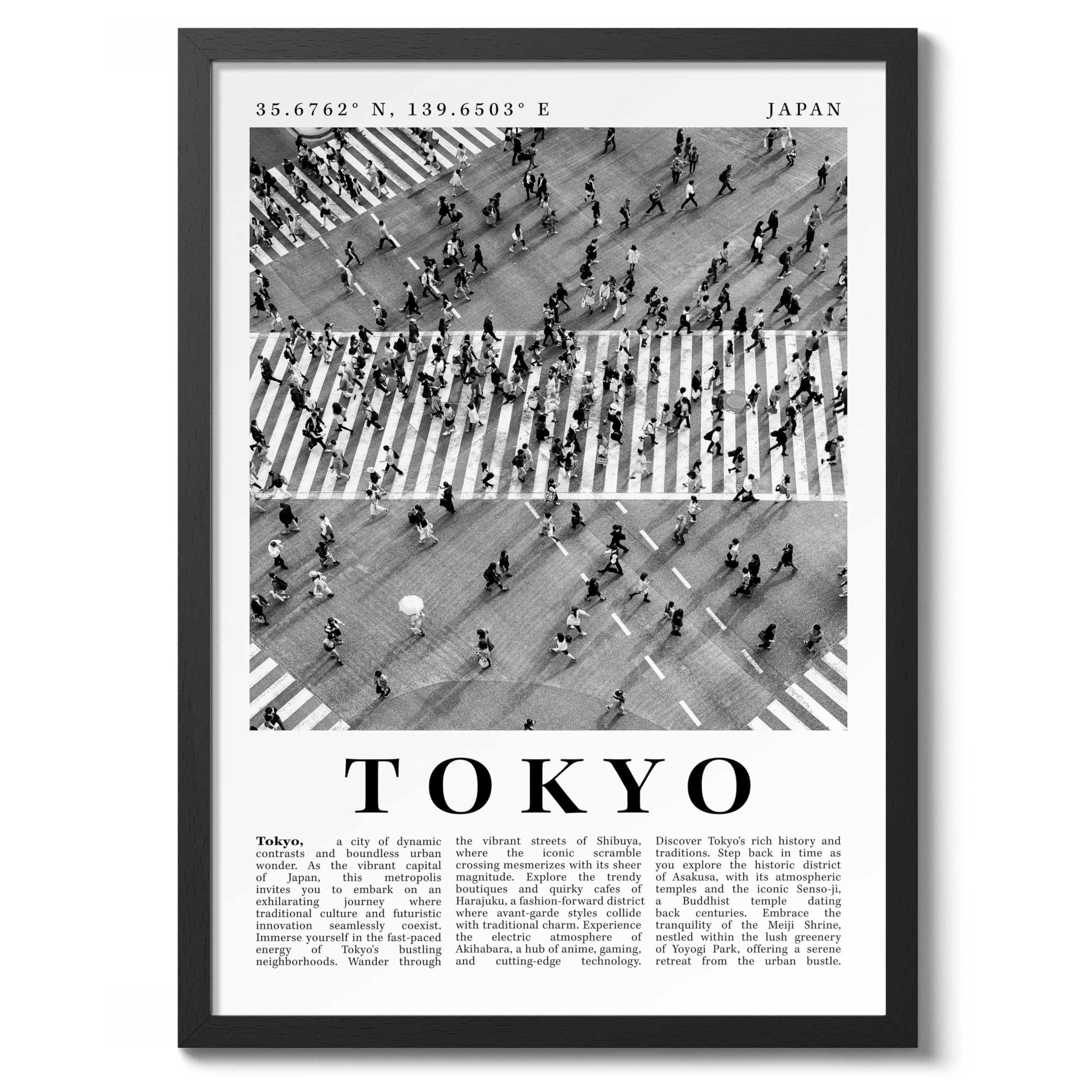 Tokyo - Japan Travel Poster, Black & White Print, City Landmark. Modern Home Wall Decor For Living Room Bedroom, Archival Matte, A1 (Black Frame) - 84.1x59.4cm