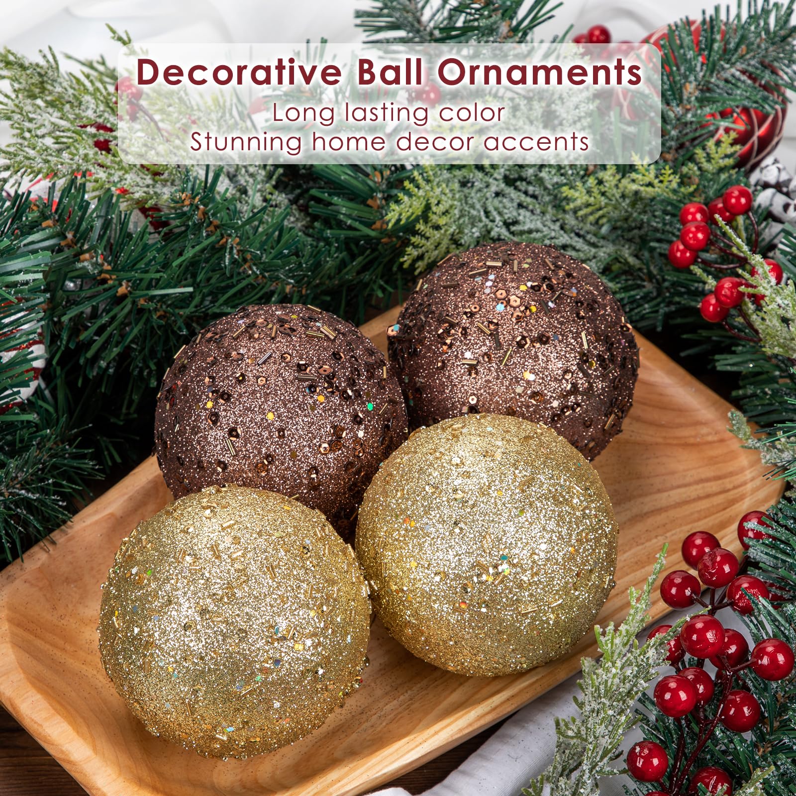 Lot de 6 Boules Décoratives de Sapin de Noël 10 cm - Paillettes Holographiques, Décorations Délicates pour Fête de Mariage, Bronze
