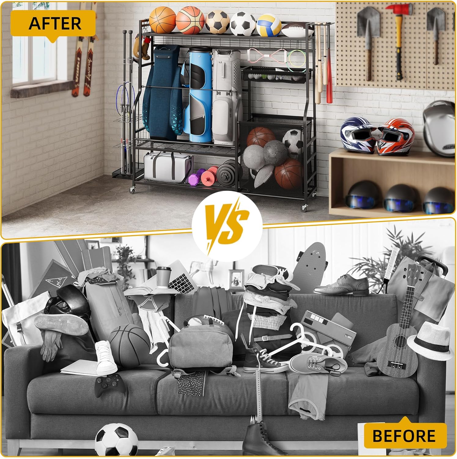 DWVO Golf Bag Organizer for Garage, Golf Storage Stand with Casters, Garage Sports Organizer for Balls, Rackets, Roller Skates and Other Sport Equipments