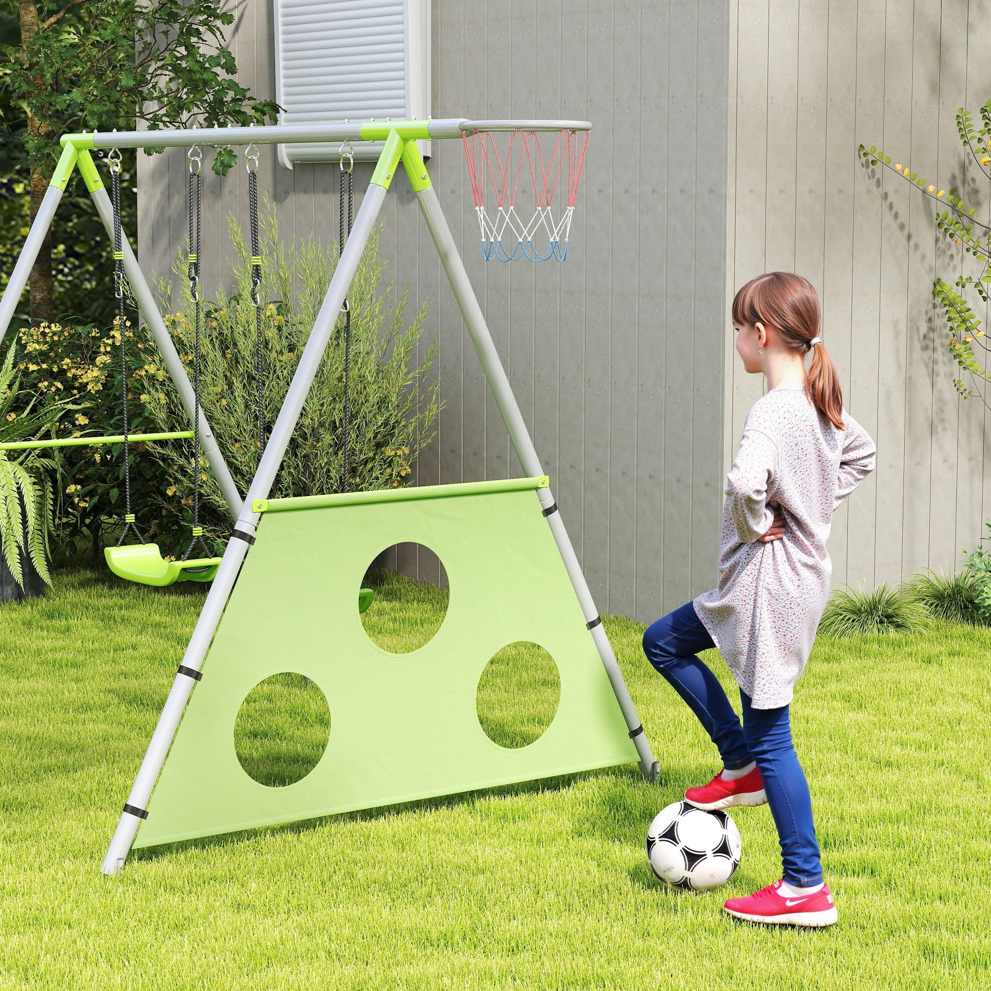 AIYAPLAY Set Altalena da Giardino per Bambini 3 in 1 con Altalena per Bambini, Canestro da Basket e Porta da Calcio, Gioco per Bambini 3-8 Anni con Telaio ad A in Metallo per Uso Esterno, Carico 90kg