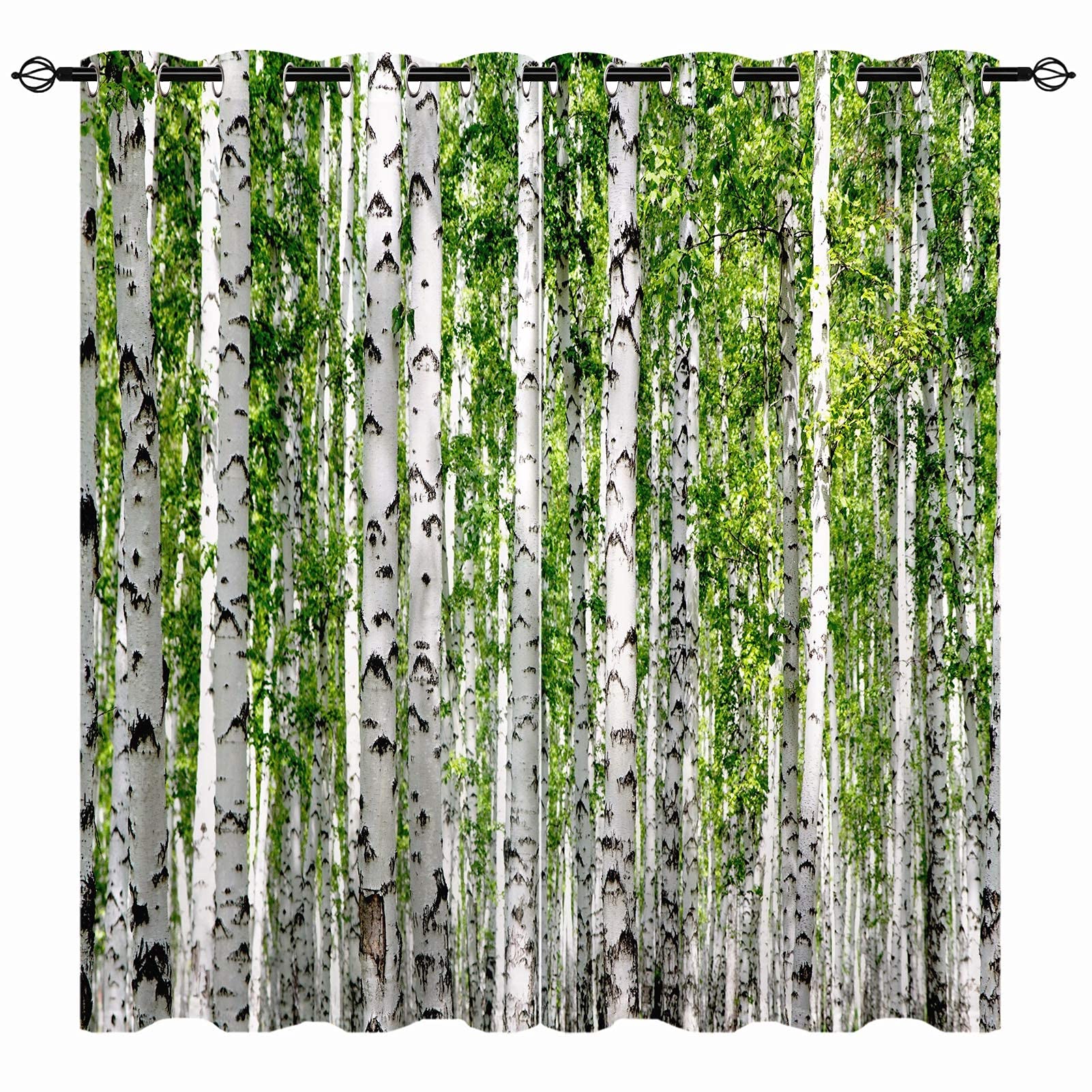 YUANZU Birch Tree Curtains, Woodland Green Leaf Nature White Summer Wild Landscape 3D Print Patterned Eyelet Thermal Insulated Blackout Window Drapes for Bedroom Living Room 2 Panels W168cm x D229cm