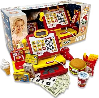 Talking Cash Register for Kids 3 & Up | Pretend Play Set Comes with Toy Microphone, Working Scanner, Play Money, Fake Credit Card, Toy Food & Weight Scale | 25 Pieces with Lights & Sounds