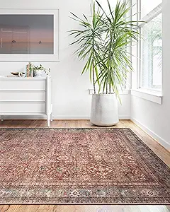 Loloi Layla Collection LAY-01 Brick/Blue 3'-6" x 5'-6" .13" Thick Accent Rug, Soft, Durable, Vintage Inspired, Distressed, Low Pile, Non-Shedding, Easy Clean, Printed, Living Room Rug