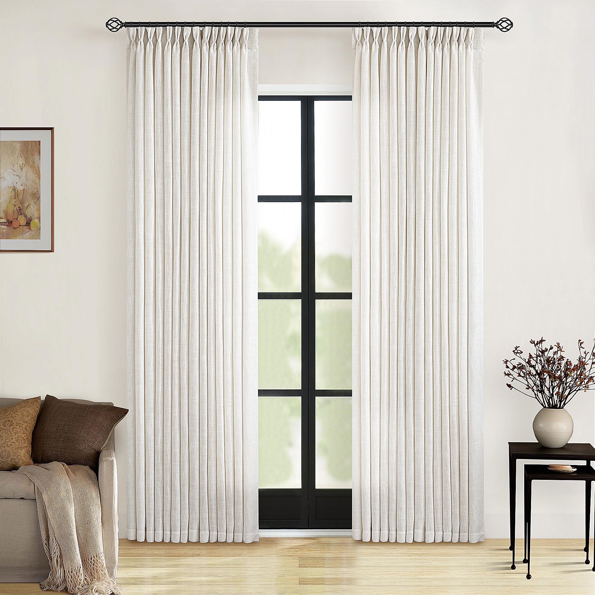 2 Panels Neutral Pencil Pleat Curtains 218.4 cm Long, Linen Blend Light Filtering Semi Sheer Window Curtains for Living Room Bedroom Birch Pencil Pleat Curtains โ image 1