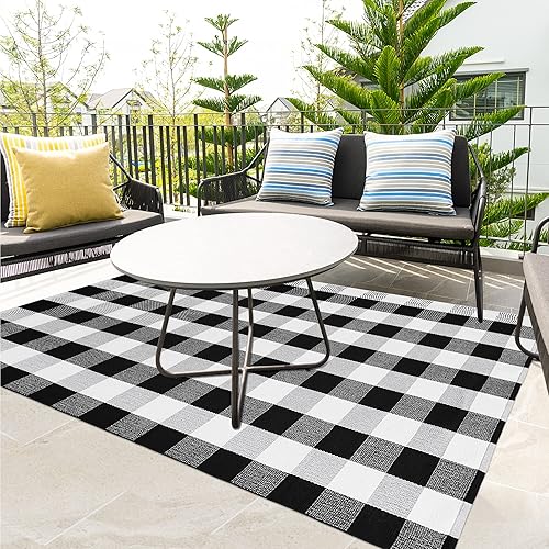 Buffalo Plaid Outdoor Patio Rug 4x6 Feet Cotton Woven Black