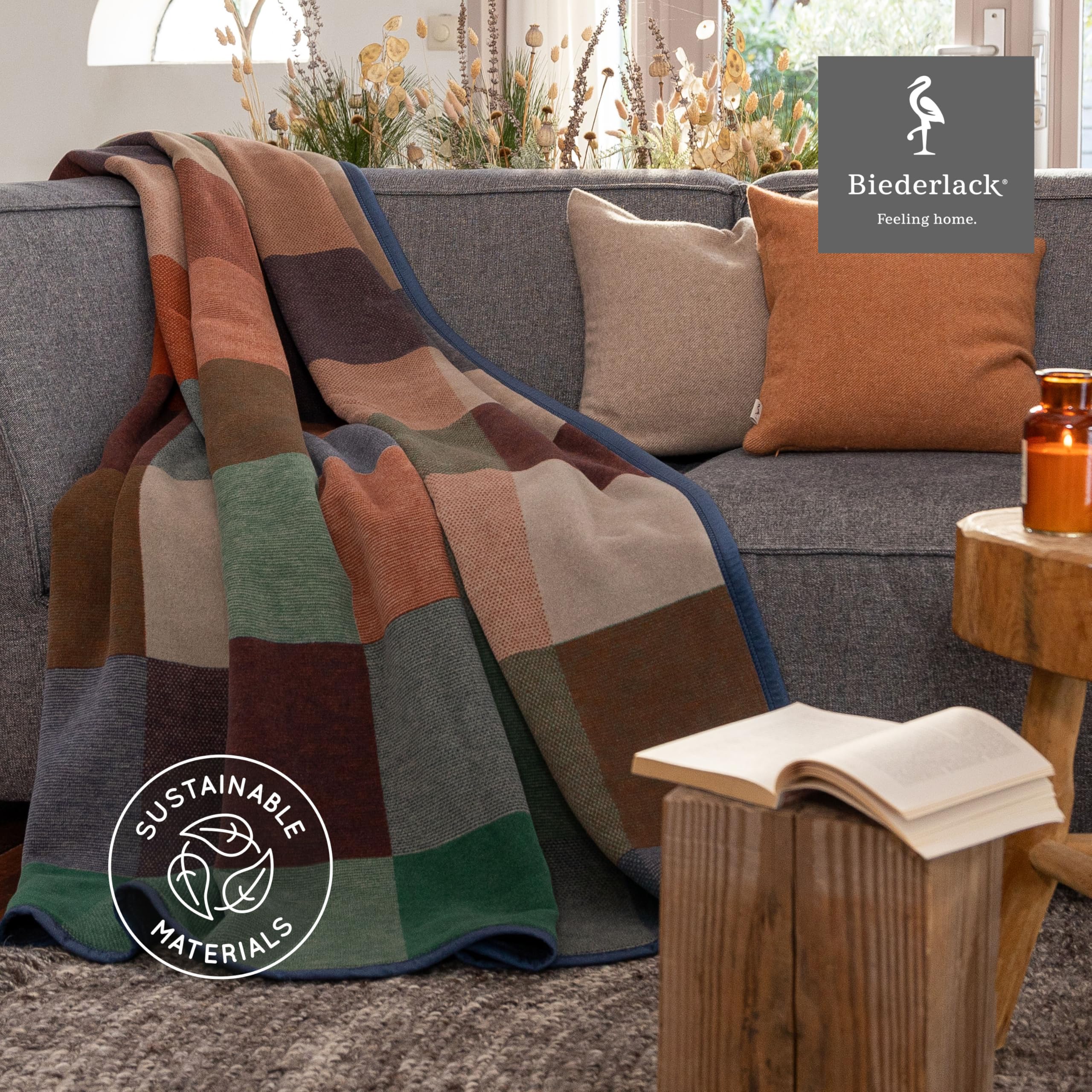 biederlack® Kuscheldecke Pure Cotton Karo - grün, Sofadecke in 150x200 cm | Made in Germany, Couchdecke aus 100% Baumwolle, beige-braun karierte Wohndecke, flauschige Tagesdecke, OEKO-TEX Made in Green