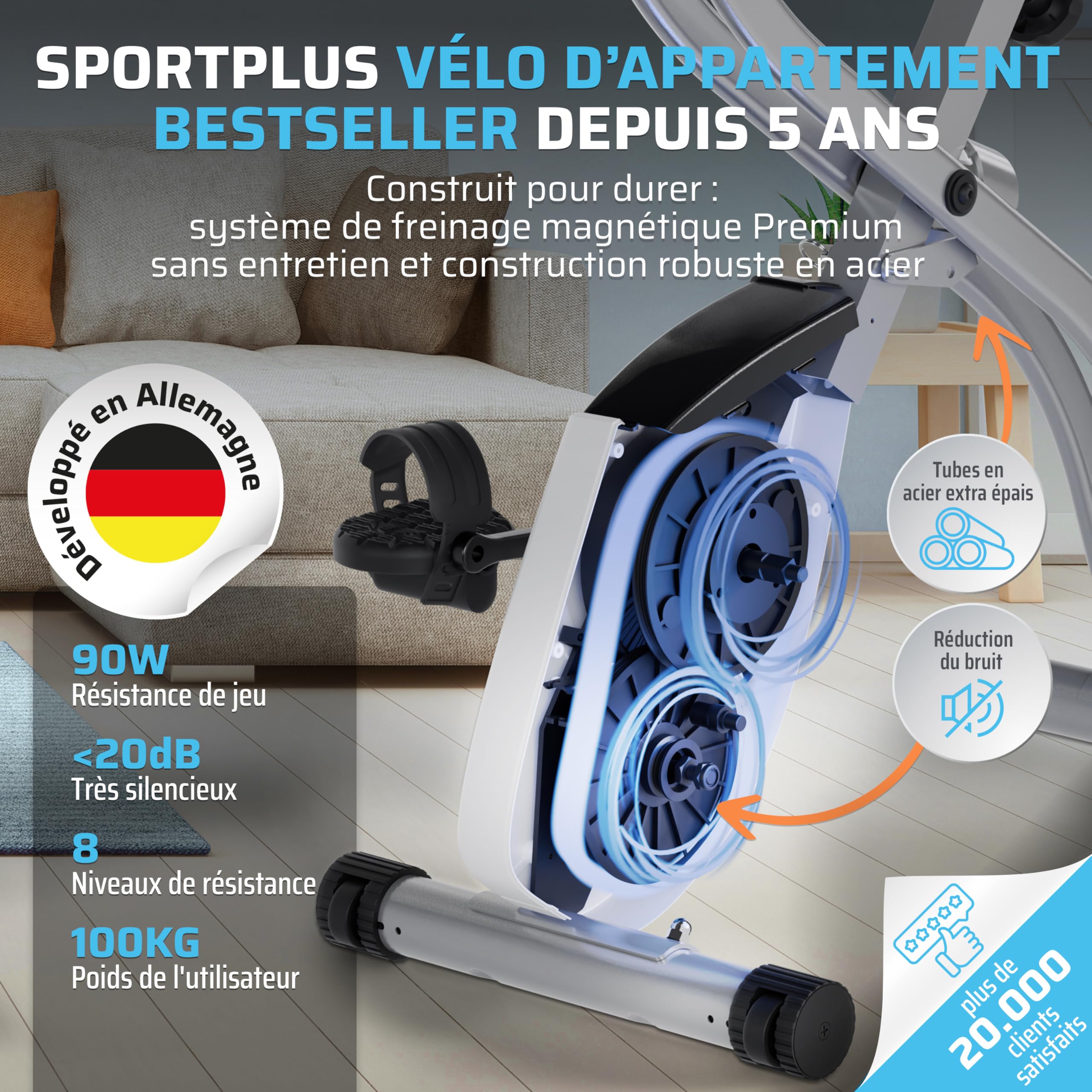 SportPlus vélo d'appartement pliable avec dossier - 8 niveaux de résistance (freinage magnétique silencieux), avec support tablette, capteur de fréquence cardiaque