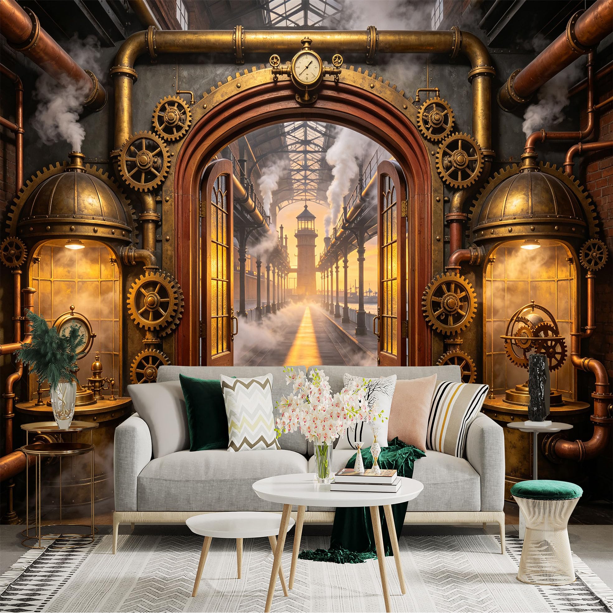 Custom Size Wall Sticker Mural， Steampunk Factory with Gears， Steam Pipes and Vintage Industrial Hall， for wall Decoration， peelandstick wall Decals.