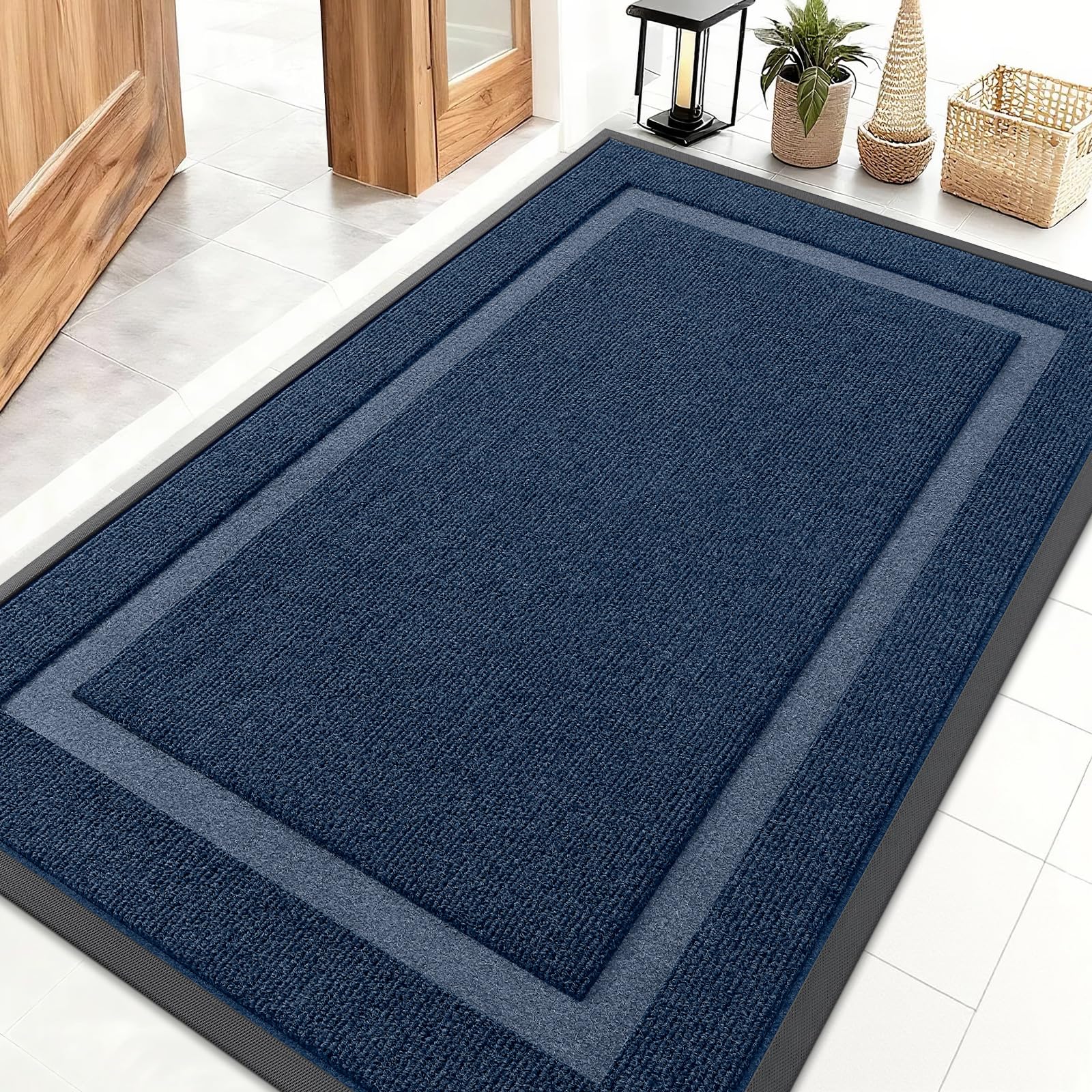 OLANLY Front Door Mat Indoor Outdoor Entrance, Waterproof All-Season, All-Weather Doormat, Sturdy Natural Rubber, Fade Resistant, Low Profile, Easy Clean Patio Porch Entryway Mat, 71x47, Blue
