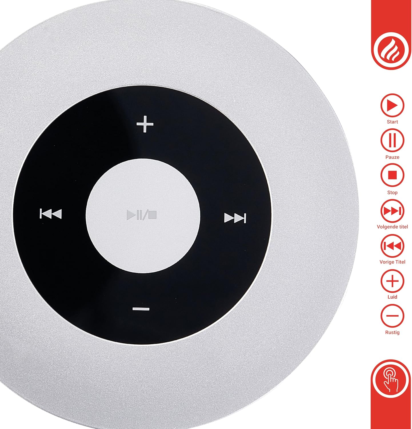 Close-up of KAMINIO MORITZ speaker touch control panel with icons for play, pause, stop, next, previous, volume up, volume down