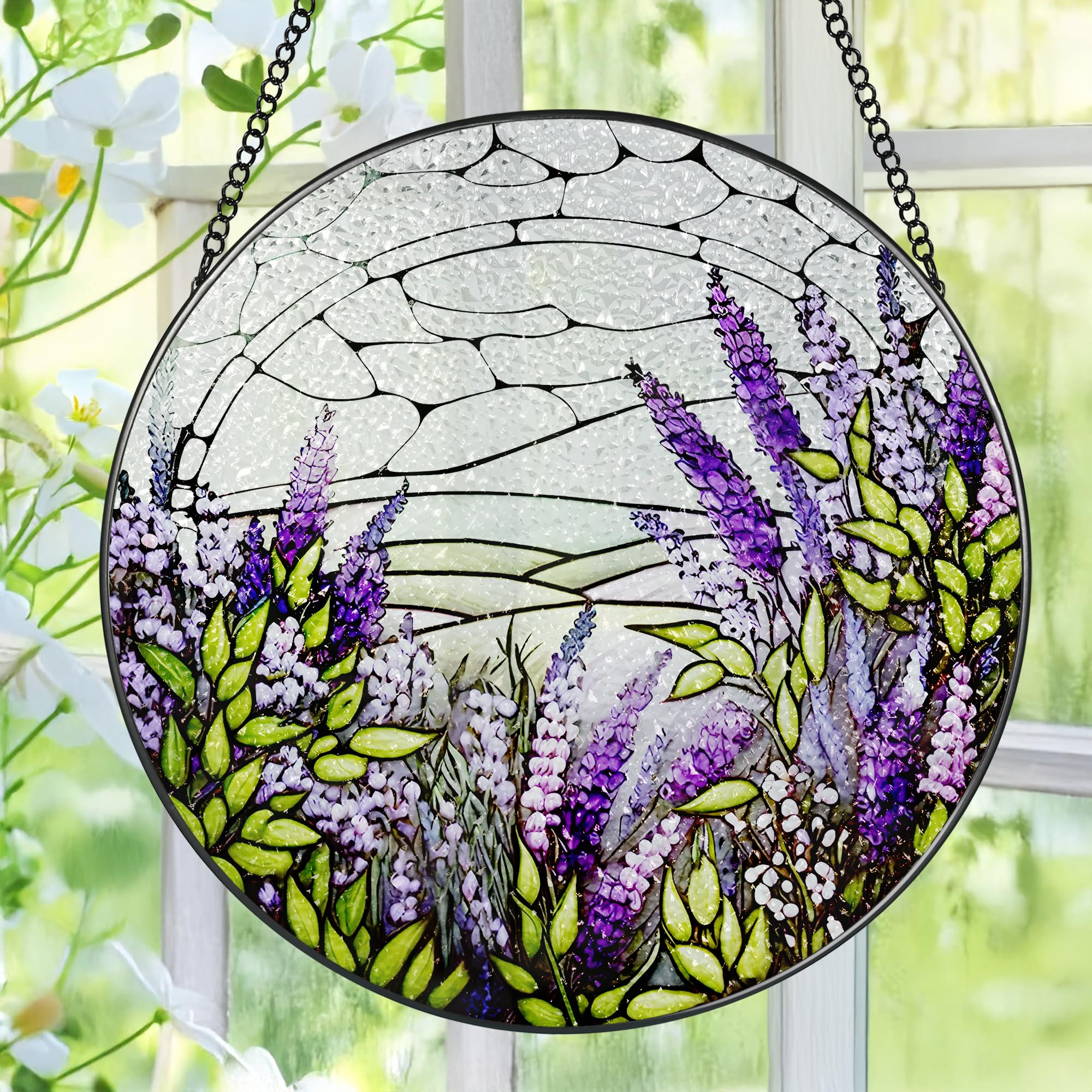 Lavender Flower Stained Glass Suncatcher, Stained Glass Window Hanging, 8 Inch Green Plants Suncatcher Decor for Birthday for Women, Wife, Lovers, Mom, Grandma, Gift Idea