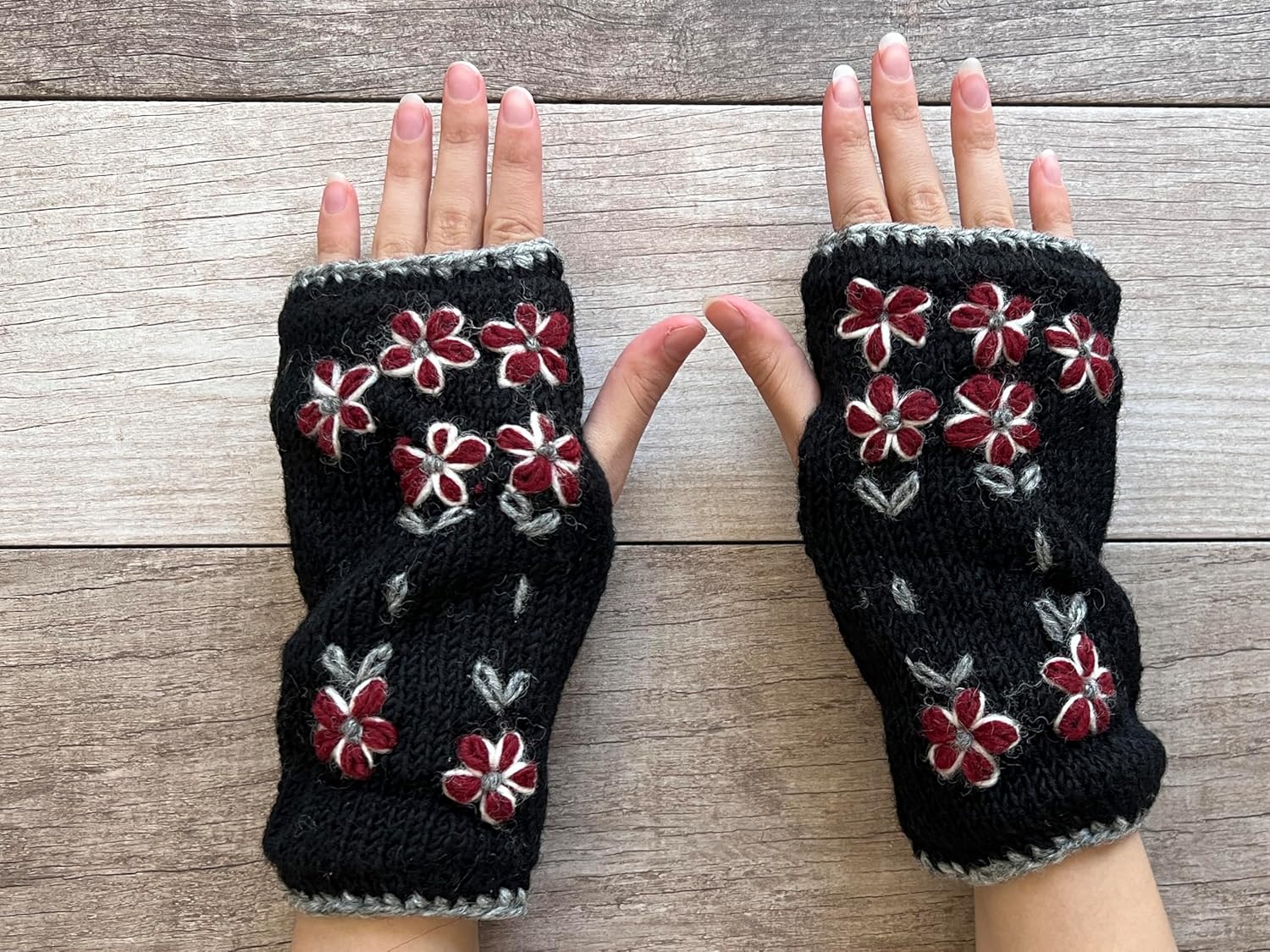 Hand Knit Fingerless Embroidered Flower Winter Wool Texting Gloves Mittens Warm Fleece Lined - Image 3